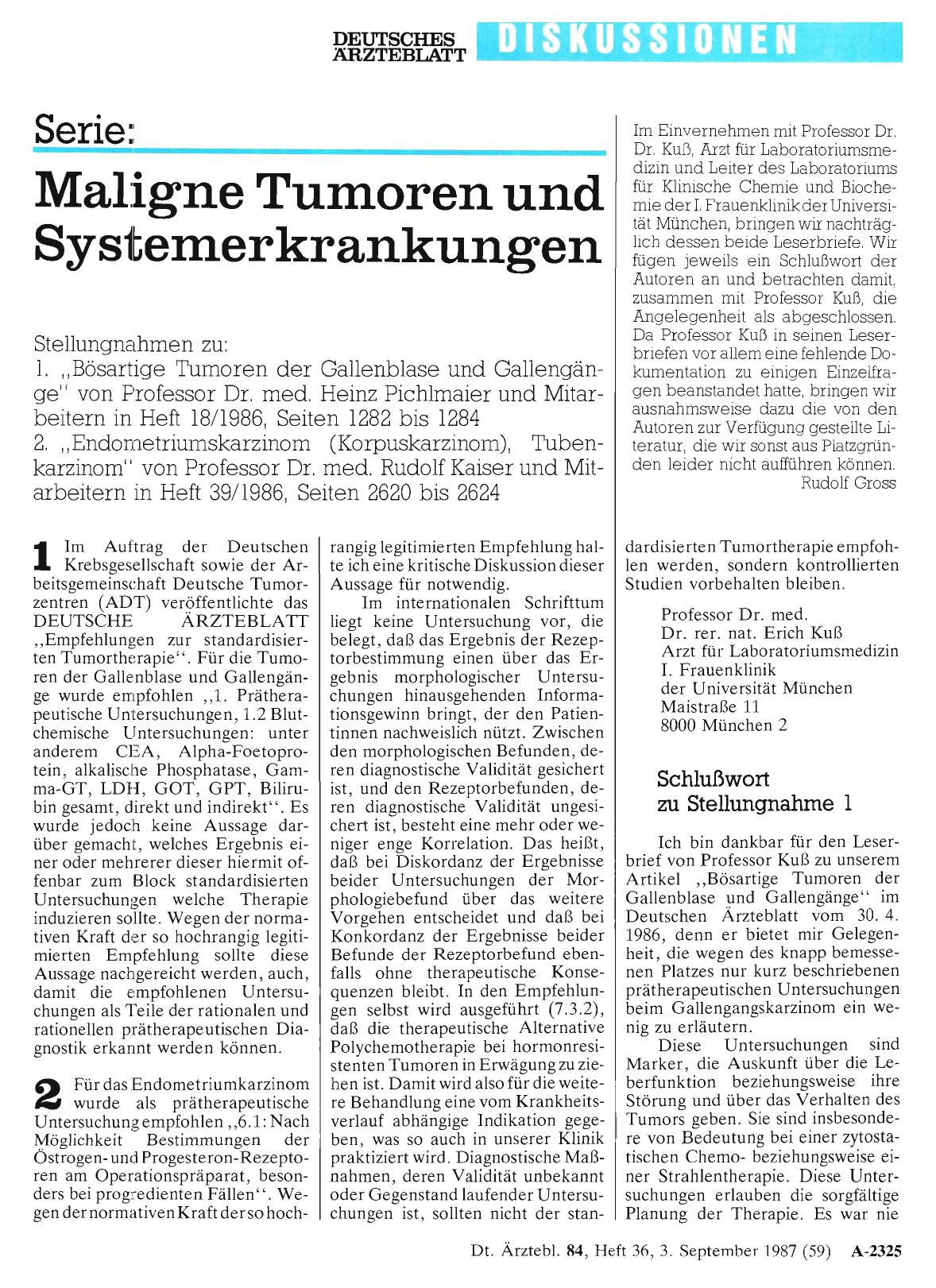 Vorschauseite 1: Serie: Maligne Tumoren und Systemerkrankungen: Schlußwort zu Stellungnahme 1