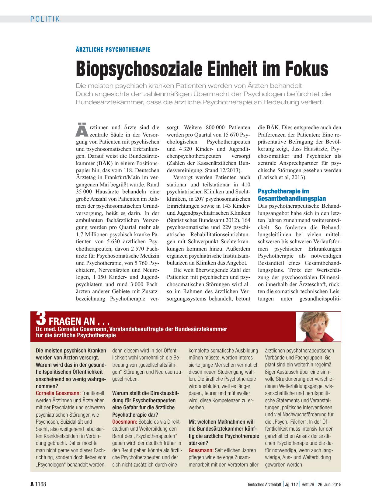 Vorschauseite 1: Ärztliche Psychotherapie: Biopsychosoziale Einheit im Fokus