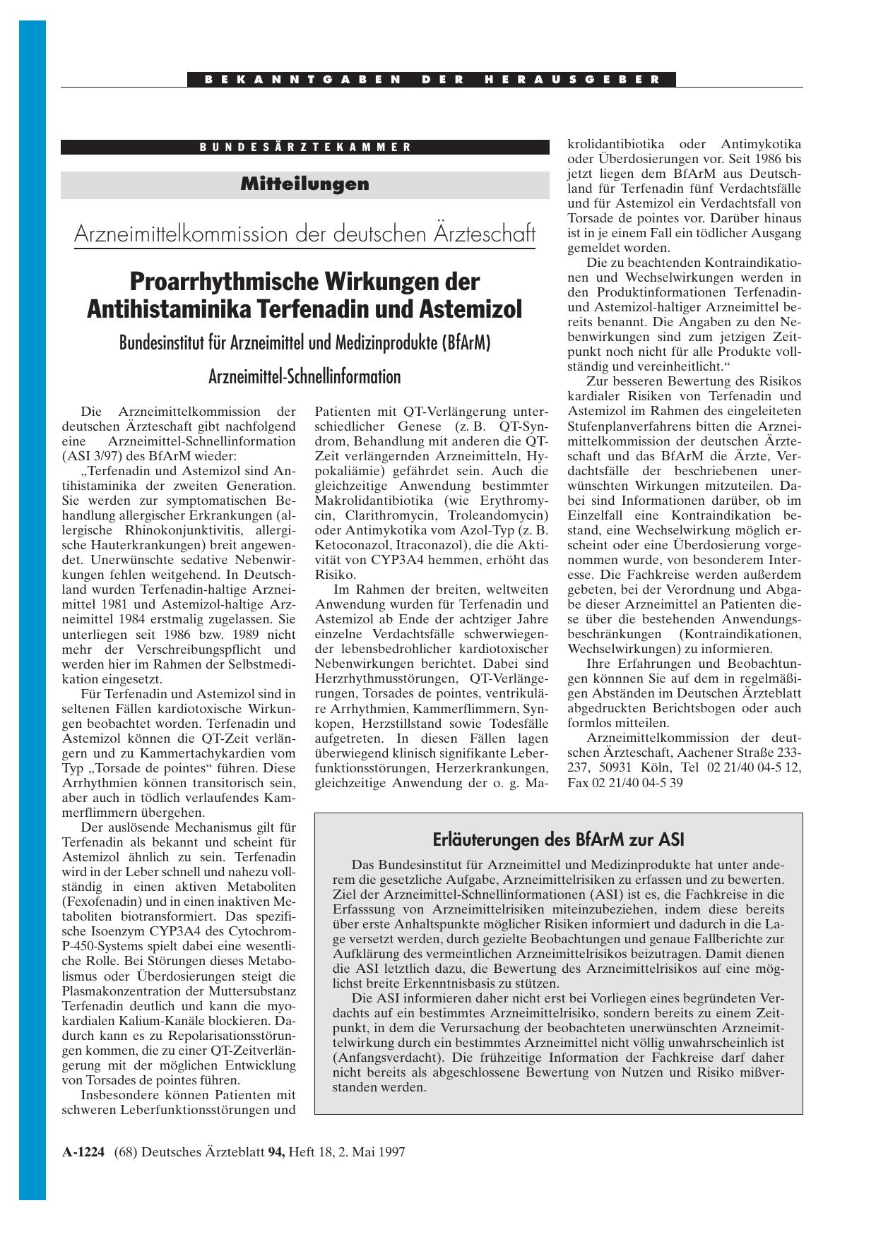 Vorschauseite 1: Mitteilungen: Arzneimittelkommission der deutschen Ärzteschaft Proarrhythmische Wirkungen der Antihistaminika Terfenadin und Astemizol Bundesinstitut für Arzneimittel und Medizinp…