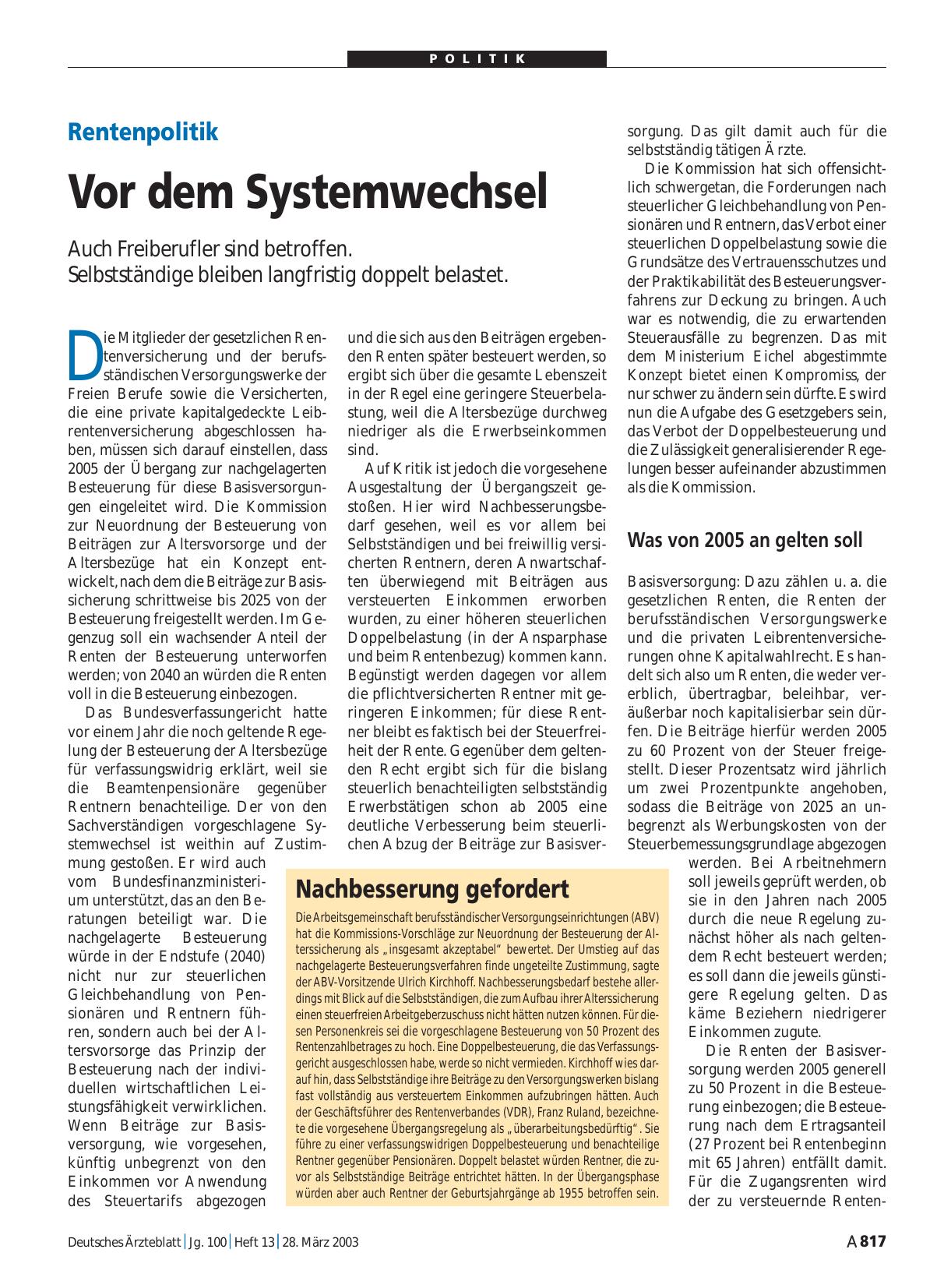 Vorschauseite 1: Rentenpolitik: Vor dem Systemwechsel