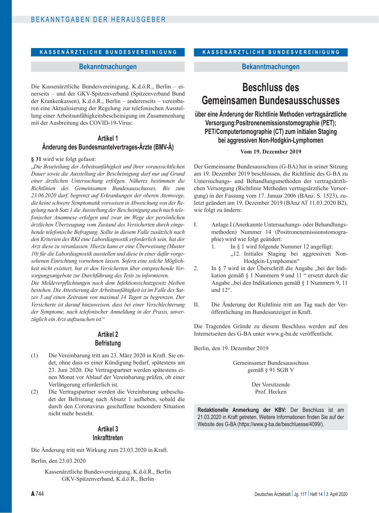 Vorschauseite 1: Änderung des Bundesmantelvertrages-Ärzte (BMV-Ä): Artikel 1, Artikel 2, Befristung, Artikel 3, Inkrafttreten