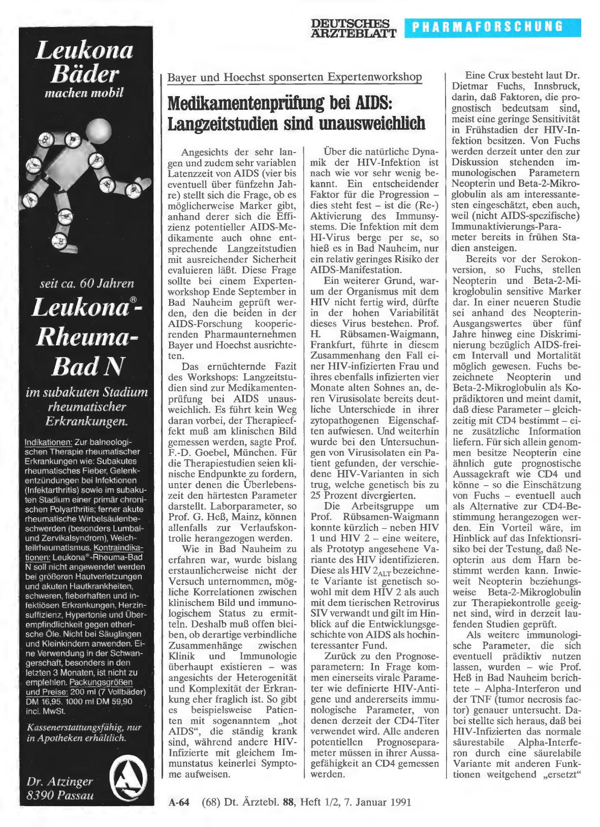 Vorschauseite 1: Bayer und Hoechst sponserten Expertenworkshop: Medikamentenprüfung bei AIDS: Langzeitstudien sind unausweichlich