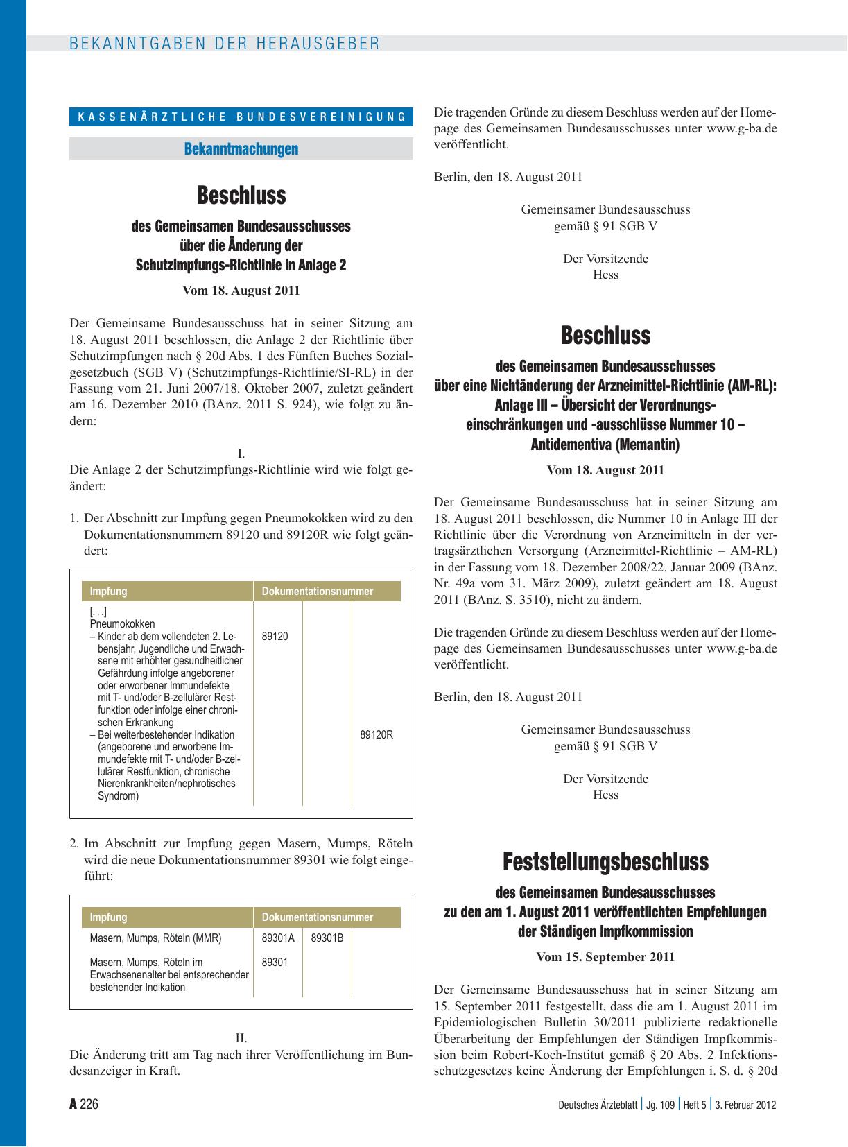 Vorschauseite 1: Beschluss des Gemeinsamen Bundesausschusses über die Änderung der Schutzimpfungs-Richtlinie in Anlage 2