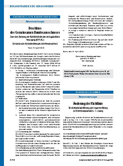 Vorschauseite 1: Änderung der Richtlinie für die Wartelistenführung und Organvermittlung zur Nierentransplantation – 1. Lesung