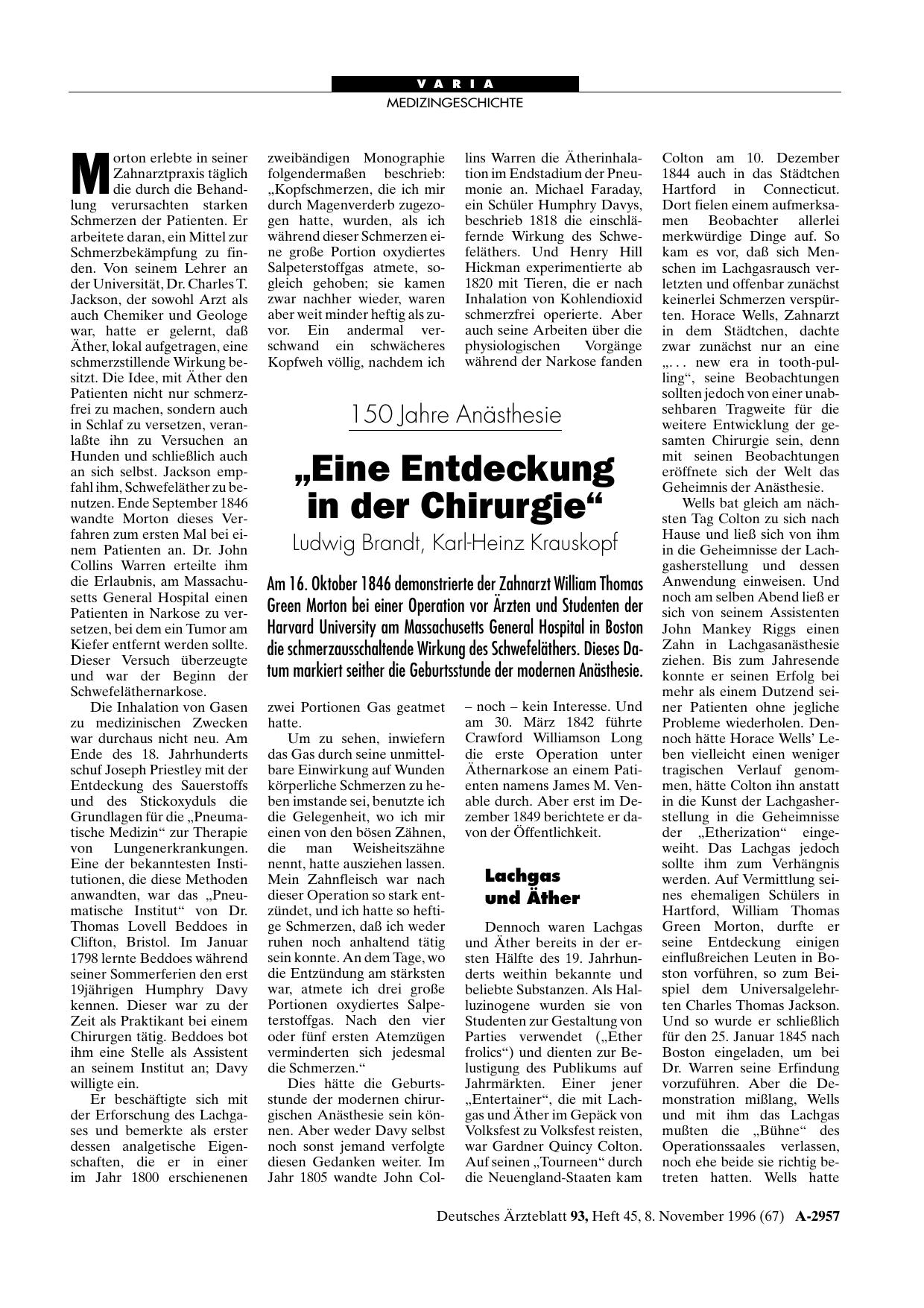 Vorschauseite 1: 150 Jahre Anästhesie: „Eine Entdeckung in der Chirurgie“