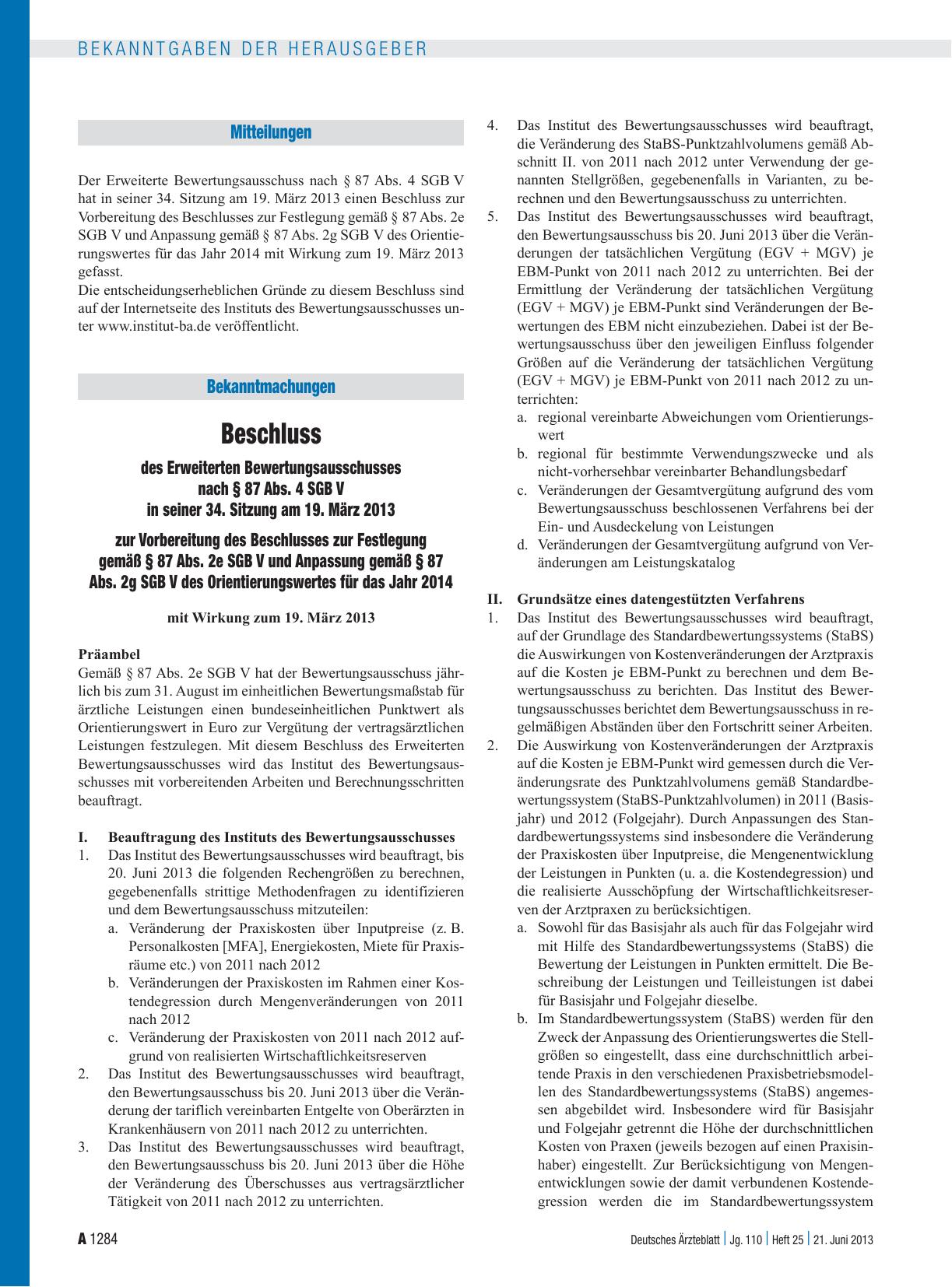 Vorschauseite 1: Beschluss des Erweiterten Bewertungsausschusses nach § 87 Abs. 4 SGB V in seiner 34. Sitzung am 19. März 2013 zur Vorbereitung des Beschlusses zur Festlegung gemäß § 87 Abs. 2e SG…
