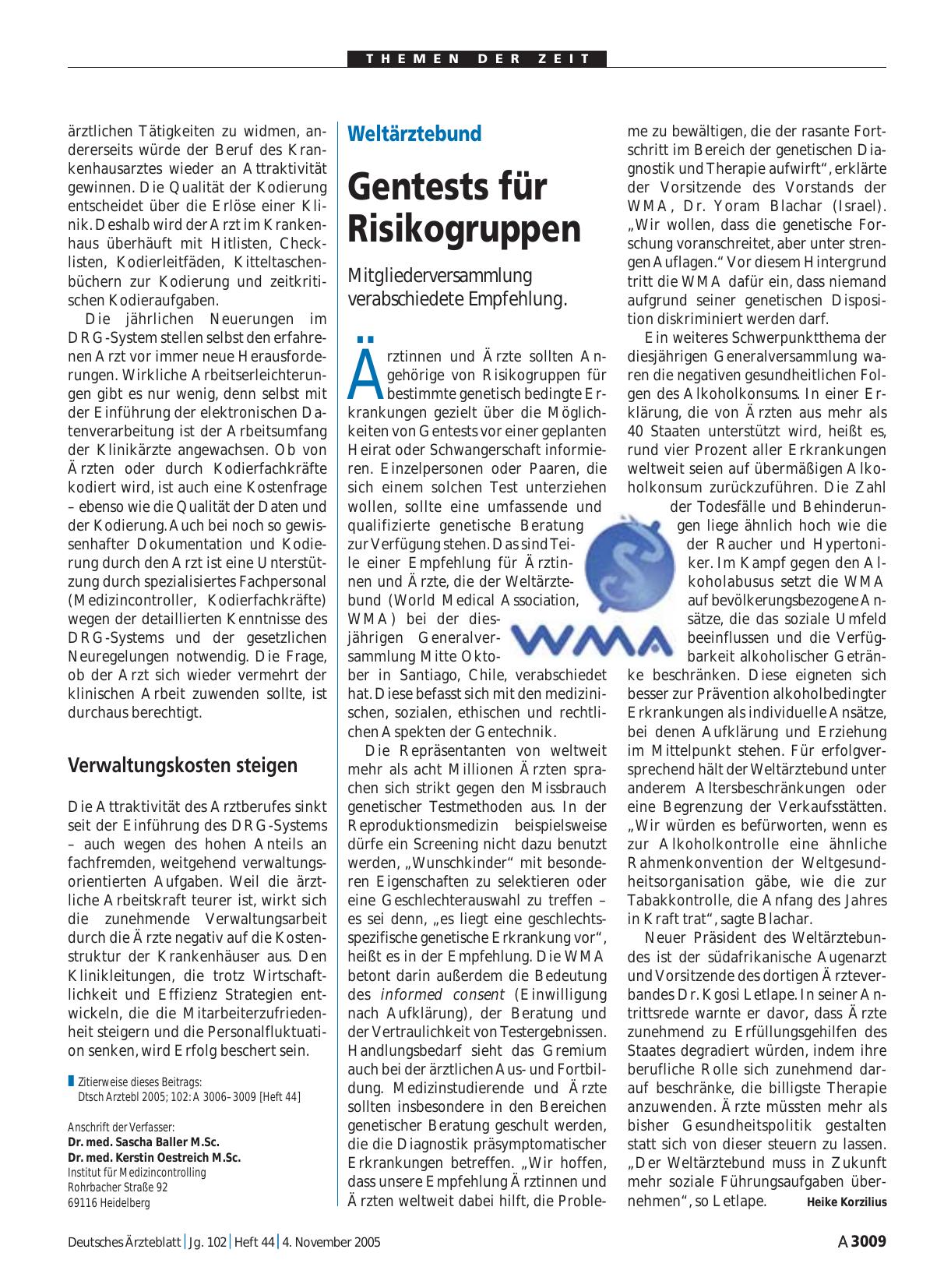 Vorschauseite 1: Weltärztebund: Gentests für Risikogruppen