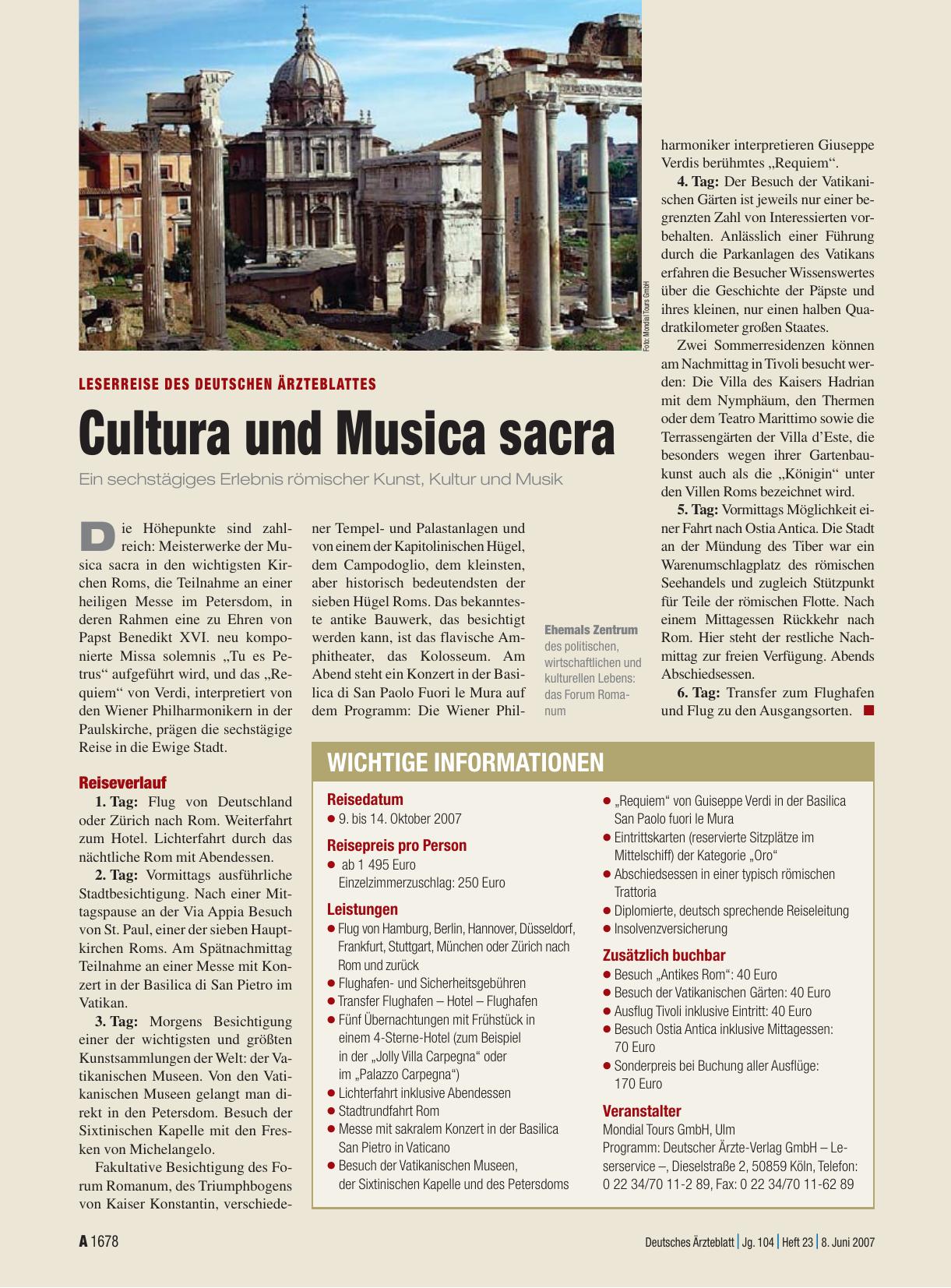 Vorschauseite 1: Leserreise des Deutschen Ärzteblattes: Cultura und Musica sacra – Ein sechstägiges Erlebnis römischer Kunst, Kultur und Musik