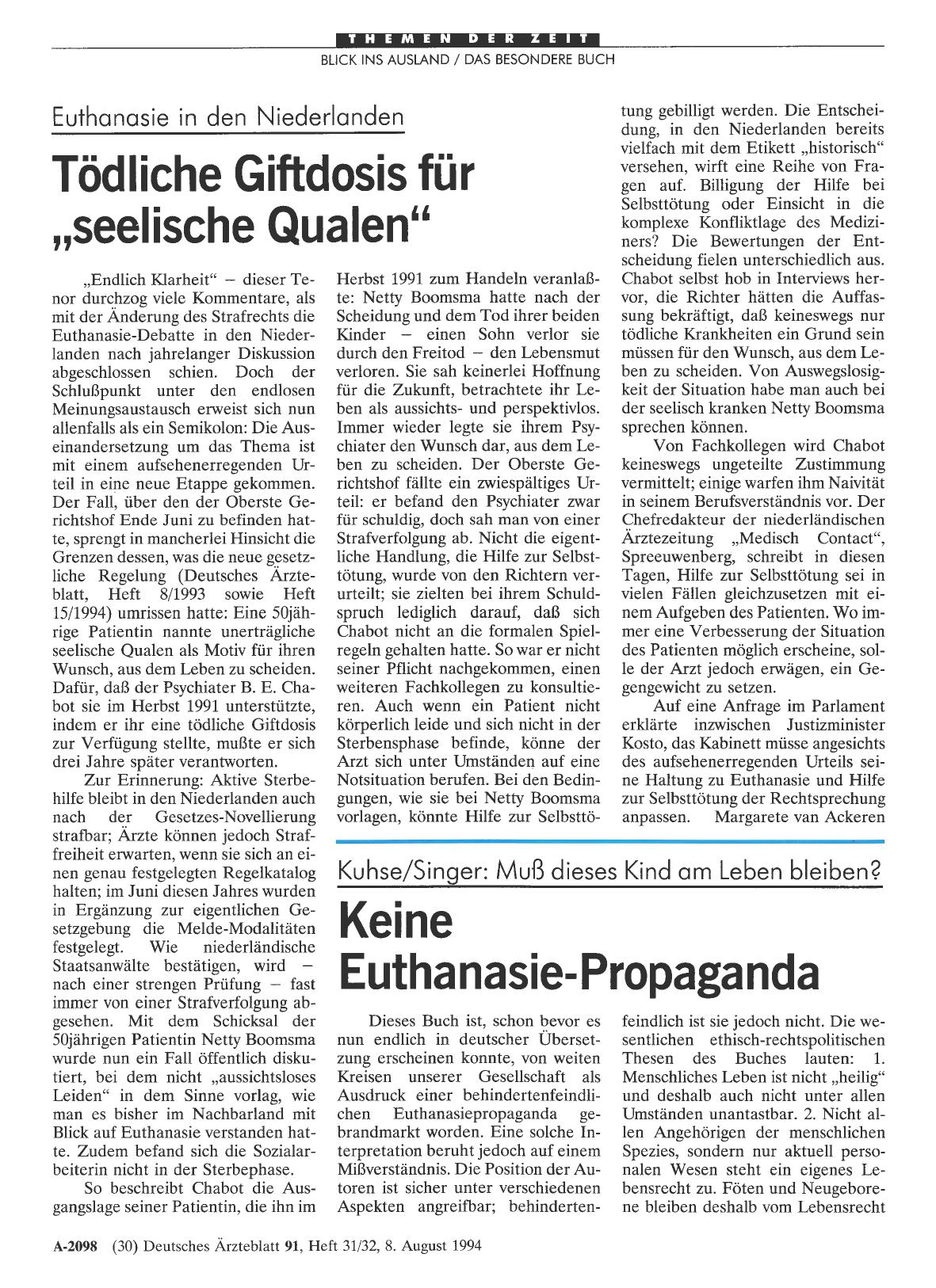 Vorschauseite 1: Euthanasie in den Niederlanden: Tödliche Giftdosis für „seelische Qualen“