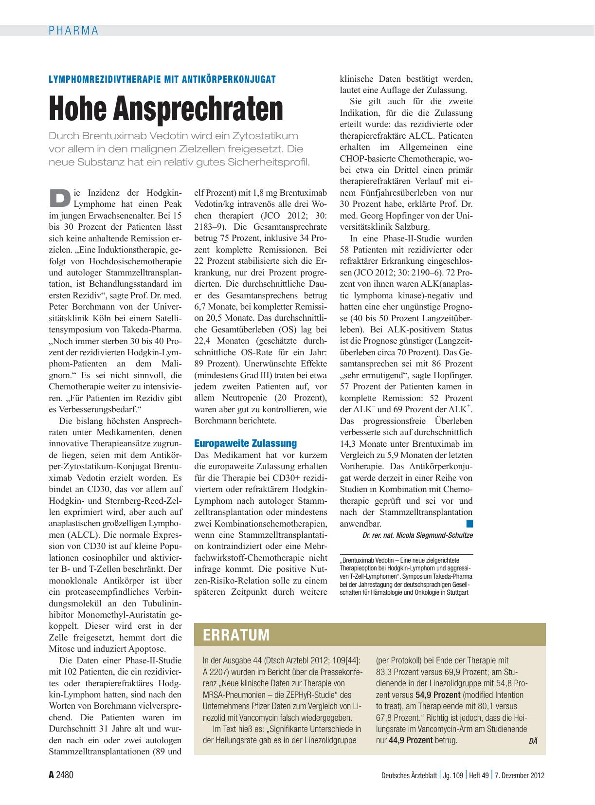 Vorschauseite 1: Lymphomrezidivtherapie mit Antikörperkonjugat: Hohe Ansprechraten