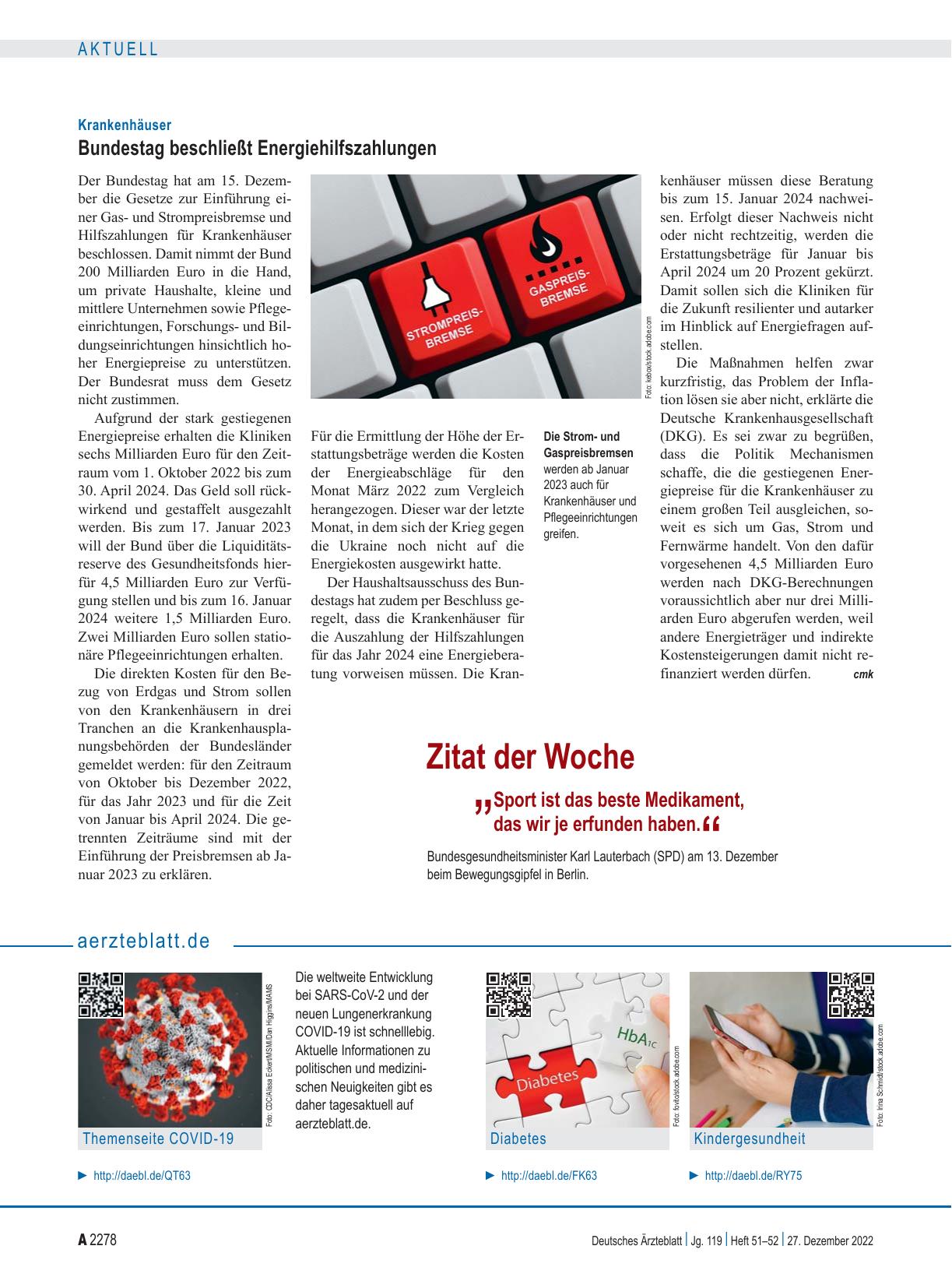 Vorschauseite 1: Krankenhäuser: Bundestag beschließt Energiehilfszahlungen