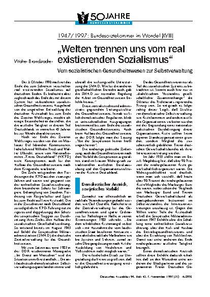 Vorschauseite 1: 1947/1997 – Bundesärztekammer im Wandel (XVIII): „Welten trennen uns vom real existierenden Sozialismus“ Vom sozialistischen Gesundheitswesen zur Selbstverwaltung