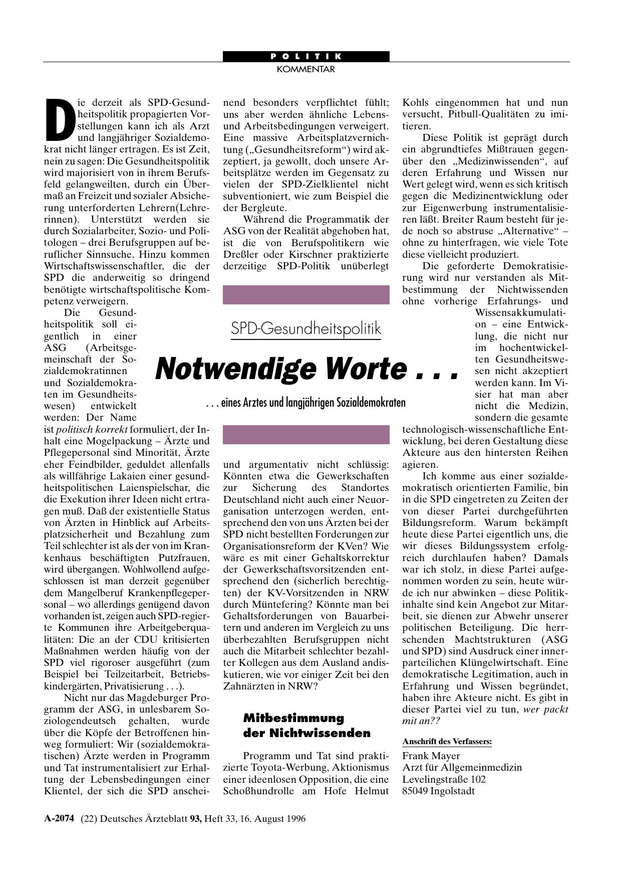 Vorschauseite 1: SPD-Gesundheitspolitik: Notwendige Worte. .. .. . eines Arztes und langjährigen Sozialdemokraten