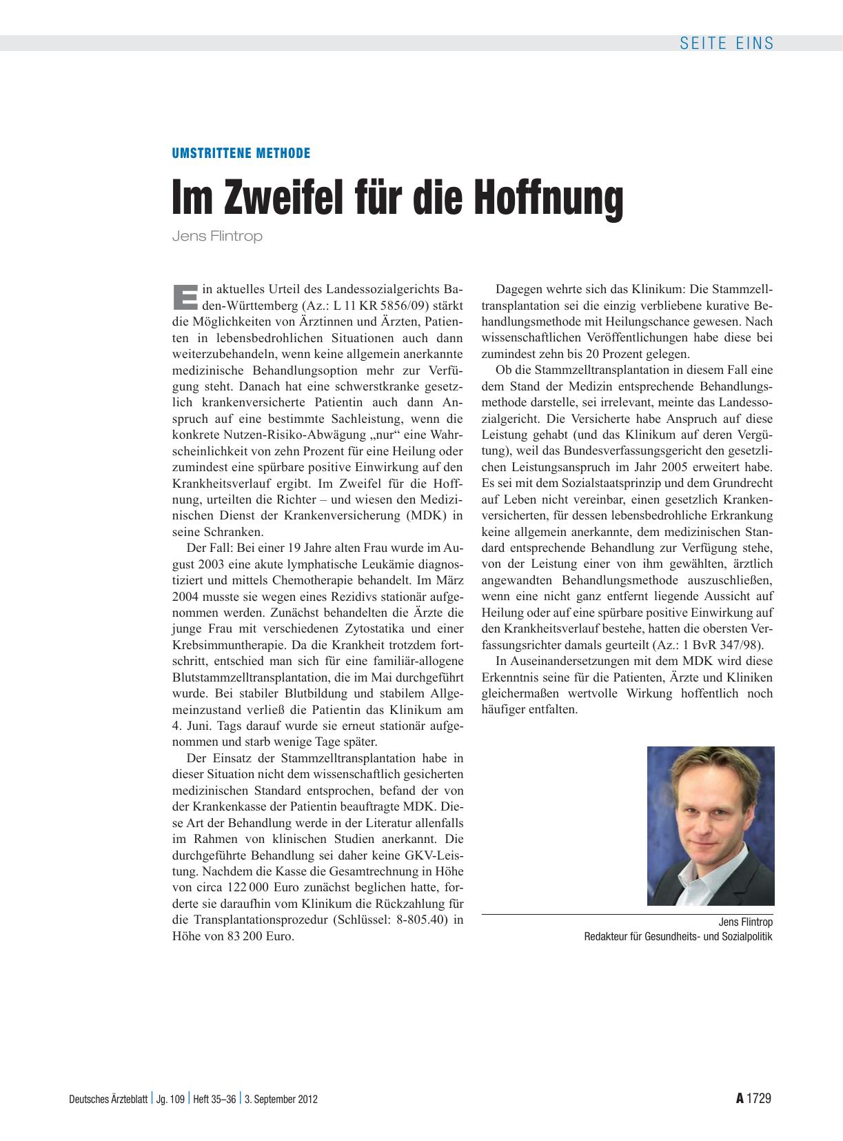Vorschauseite 1: Umstrittene Methode: Im Zweifel für die Hoffnung