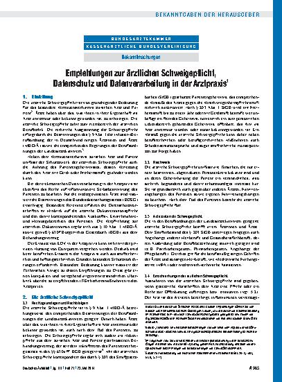 Vorschauseite 1: Empfehlungen zur ärztlichen Schweigepflicht, Datenschutz und Datenverarbeitung in der Arztpraxis 1