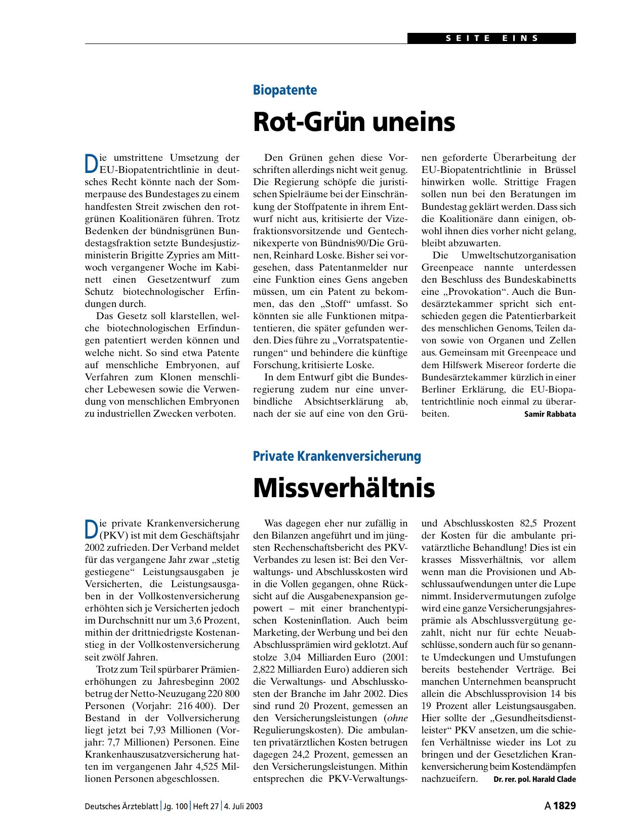 Vorschauseite 1: Biopatente: Rot-Grün uneins