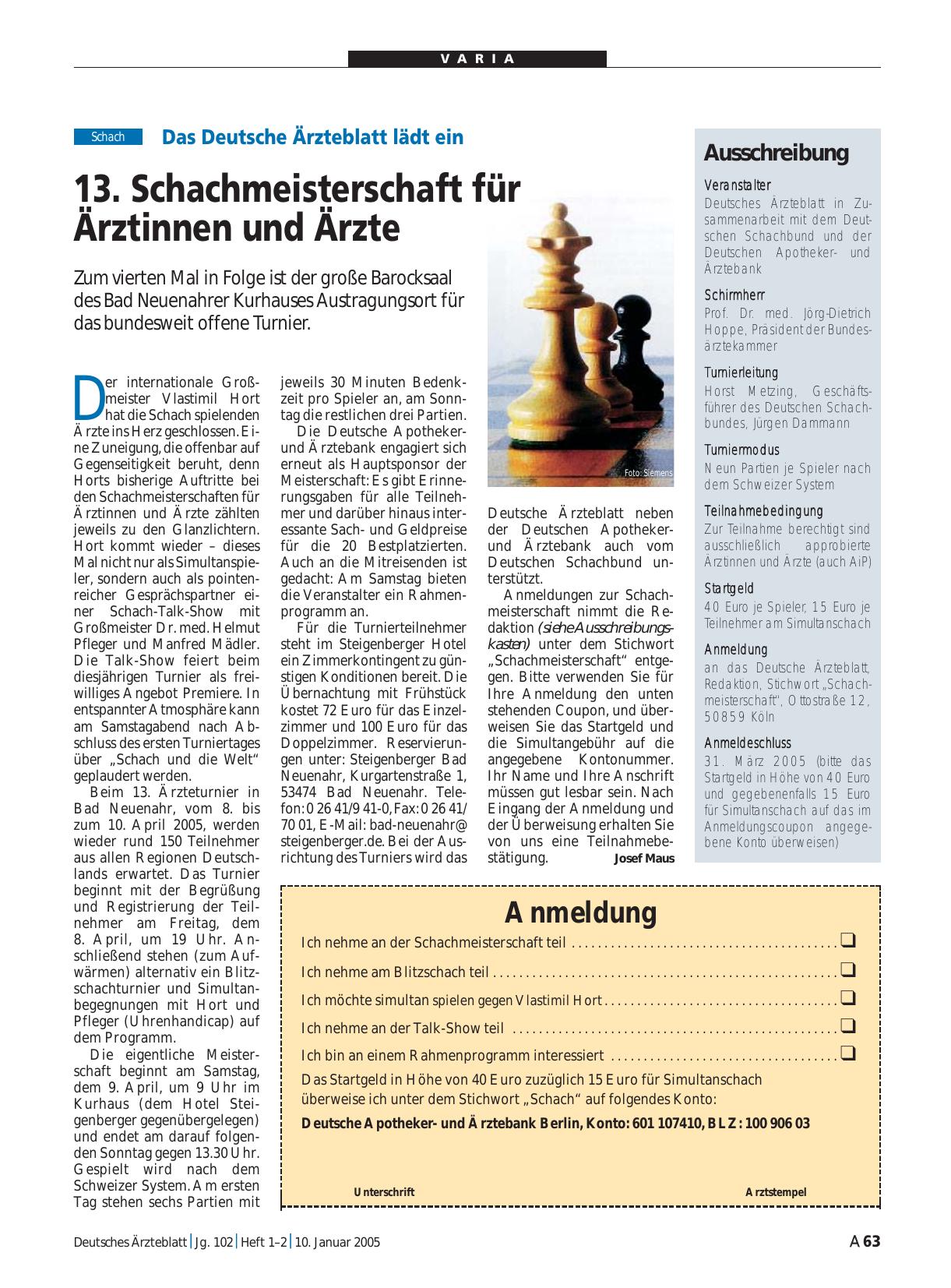 Vorschauseite 1: Das Deutsche Ärzteblatt lädt ein: 13. Schachmeisterschaft für Ärztinnen und Ärzte