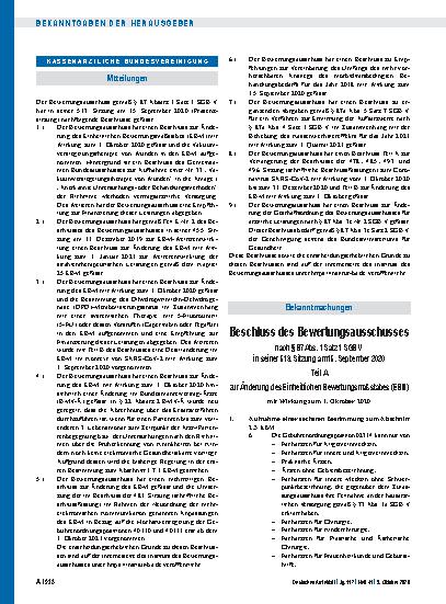 Vorschauseite 1: Beschluss des Bewertungsausschusses nach § 87 Abs. 1 Satz 1 SGB V in seiner 513. Sitzung am 15. September 2020