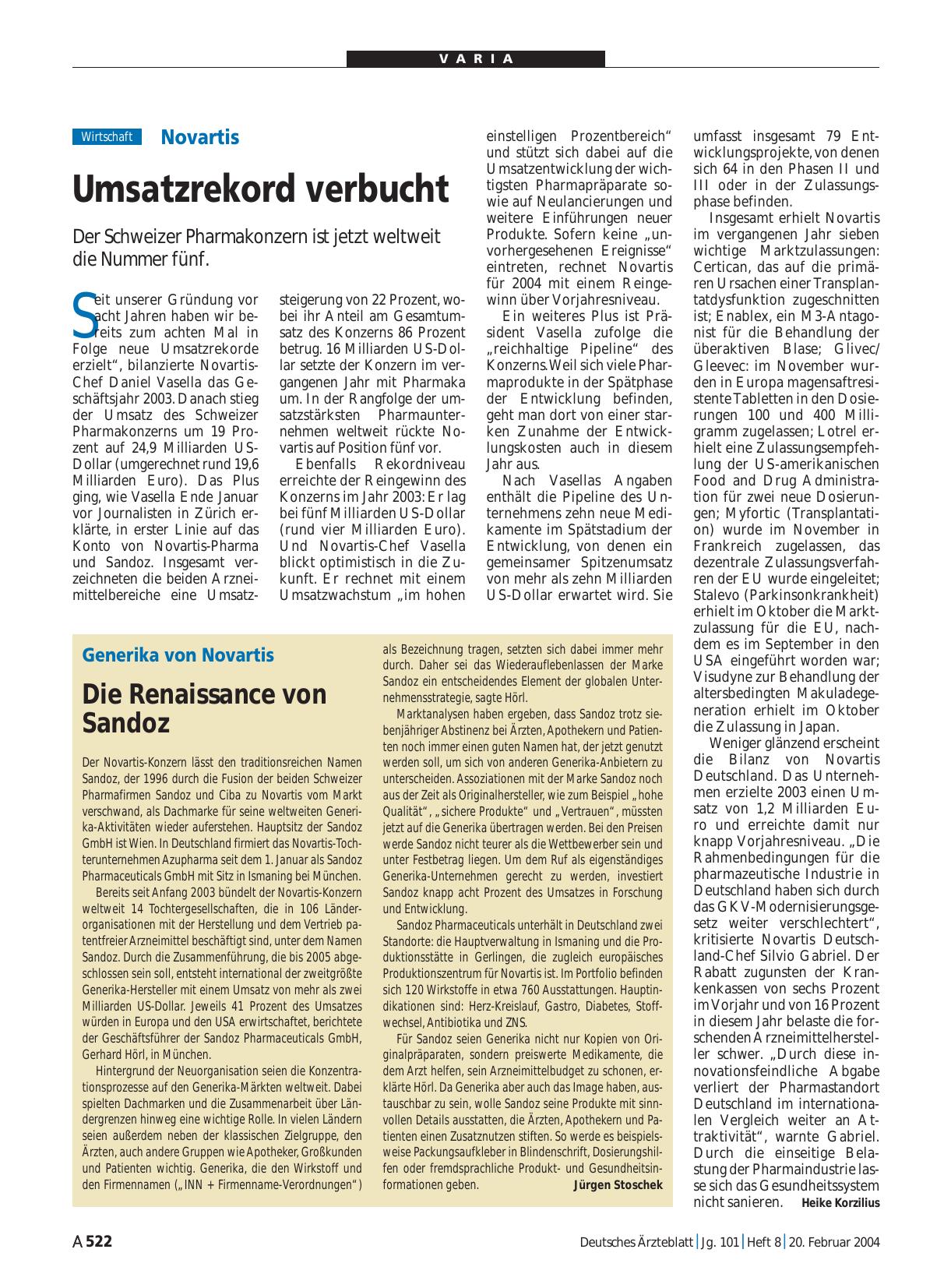 Vorschauseite 1: Generika von Novartis: Die Renaissance von Sandoz