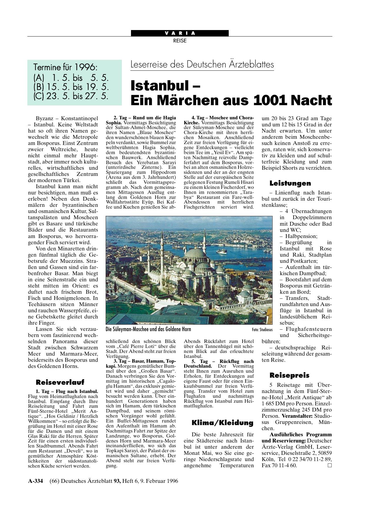 Vorschauseite 1: Leserreise des Deutschen Ärzteblattes: Istanbul – Ein Märchen aus 1001 Nacht
