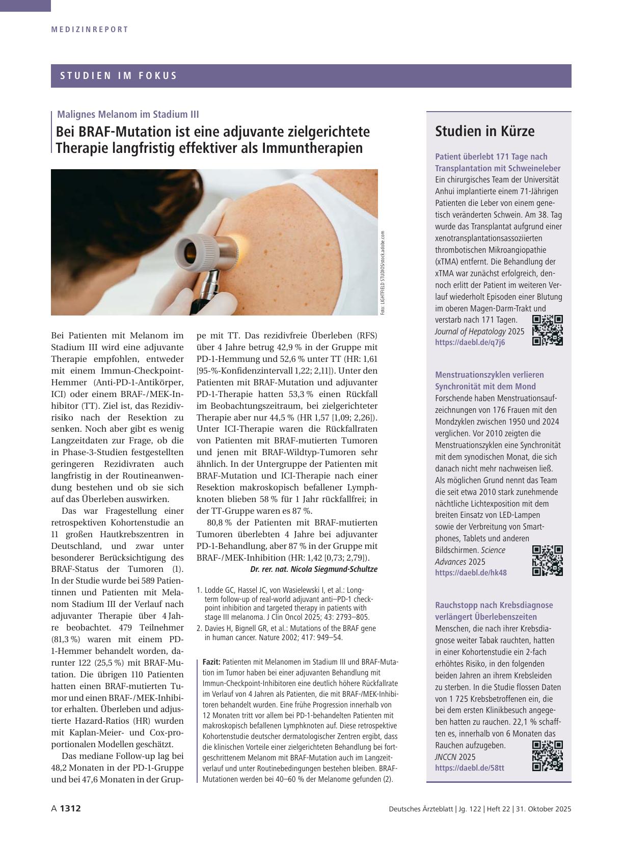 Vorschauseite 1: Malignes Melanom im Stadium III: Bei BRAF-Mutation ist eine adjuvante zielgerichtete Therapie langfristig effektiver als Immuntherapien