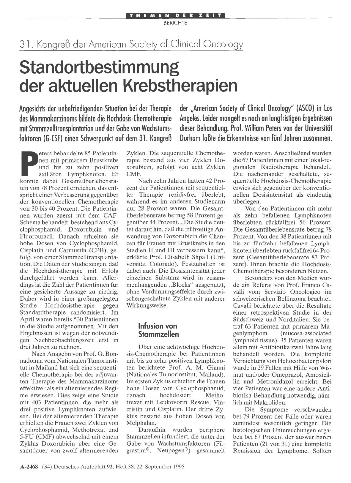 Vorschauseite 1: 31. Kongreß der American Sociey of Clinical Oncology: Standortbestimmung der aktuellen Krebstherapien