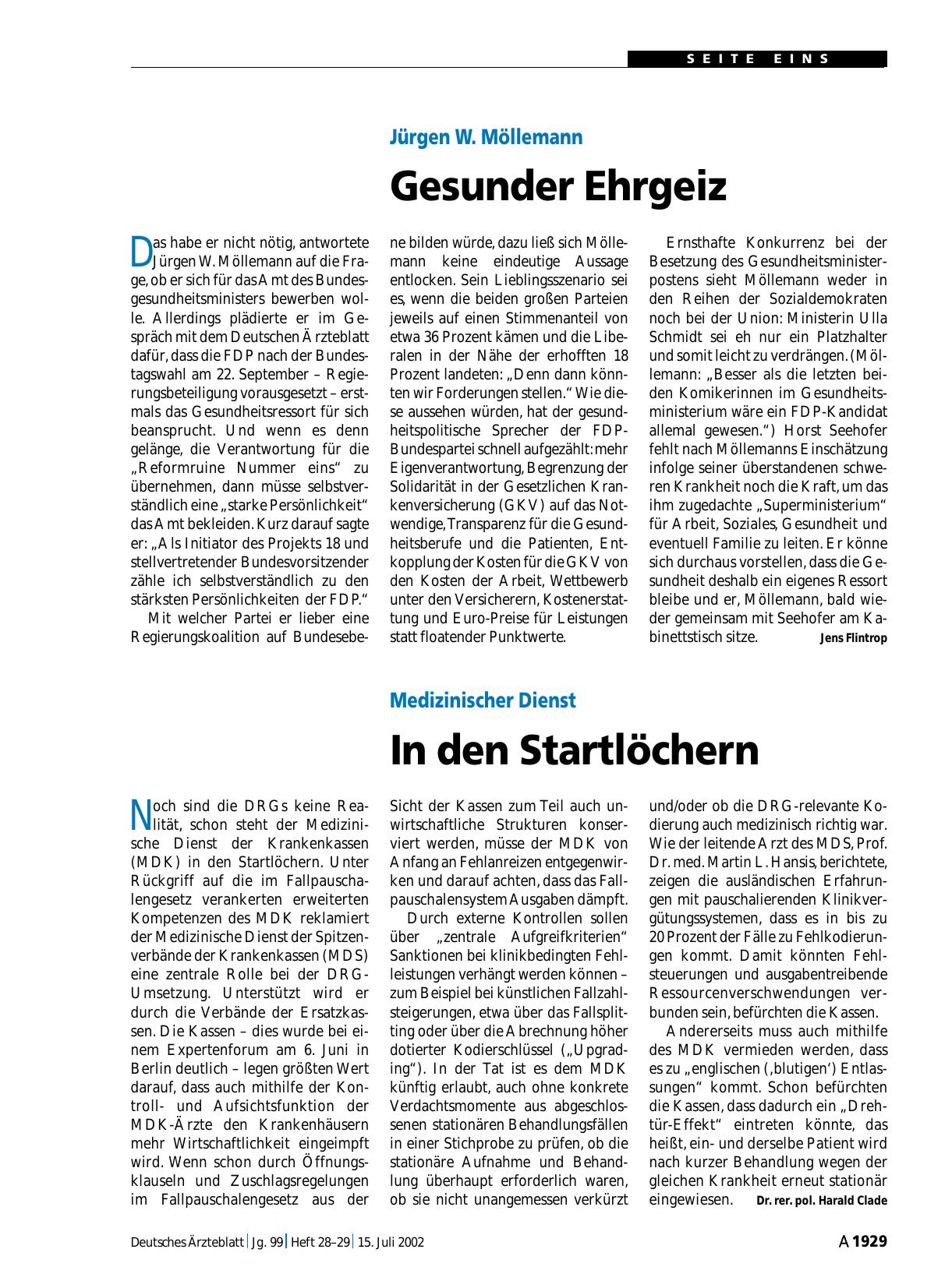 Vorschauseite 1: Jürgen W. Möllemann: Gesunder Ehrgeiz