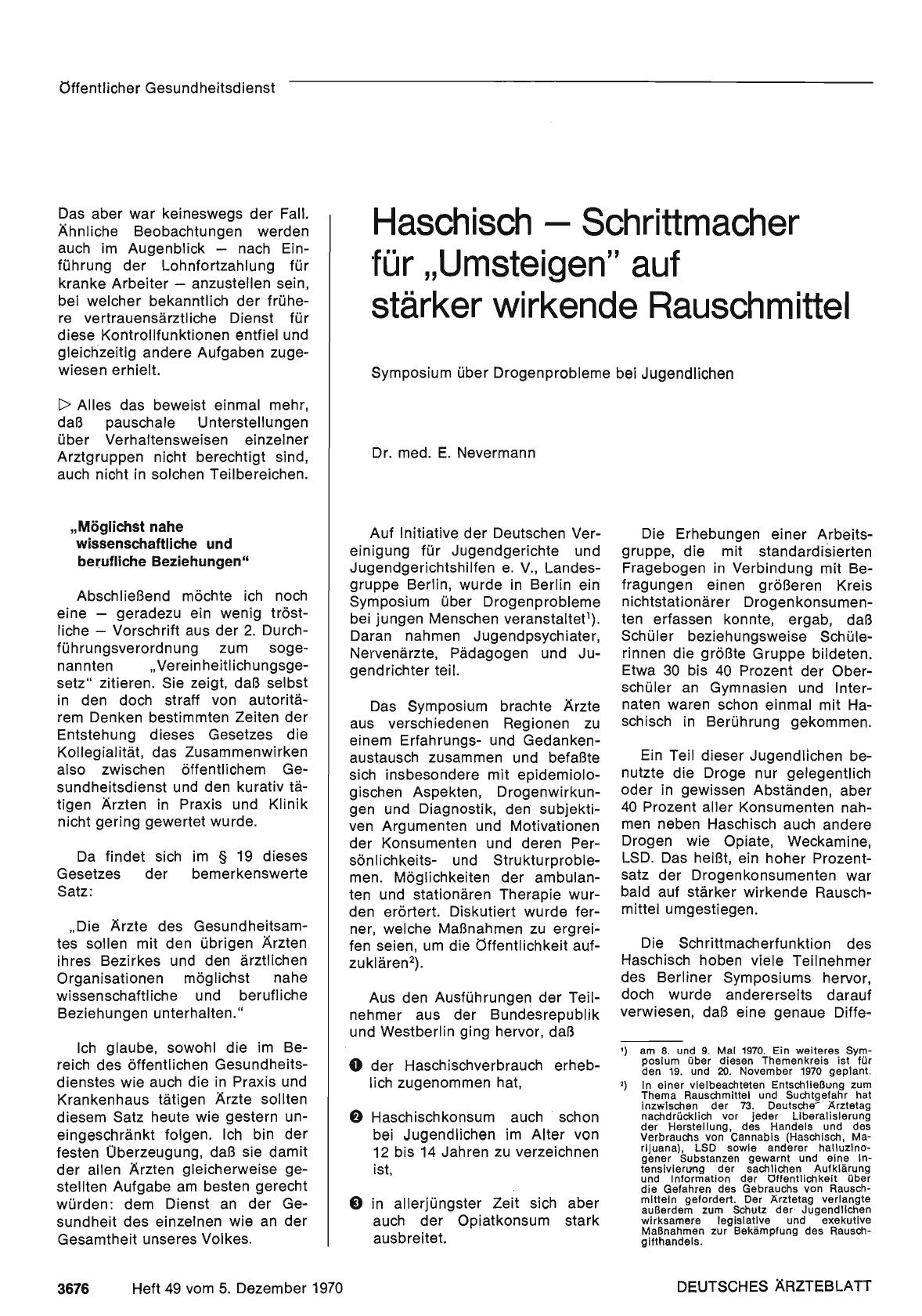 Vorschauseite 1: Haschisch — Schrittmacher für „Umsteigen" auf stärker wirkende Rauschmittel