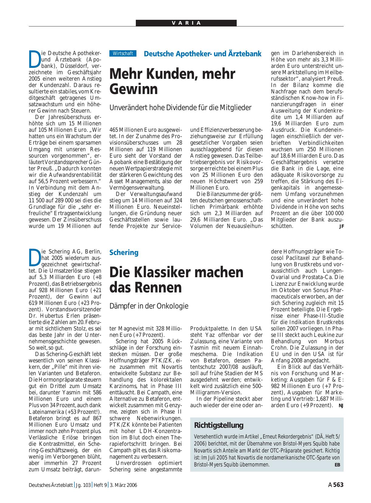 Vorschauseite 1: Schering: Die Klassiker machen das Rennen