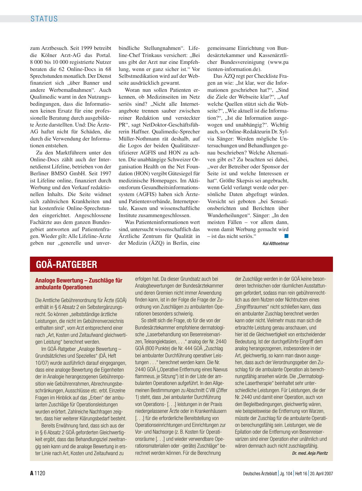 Vorschauseite 1: Analoge Bewertung – Zuschläge für ambulante Operationen