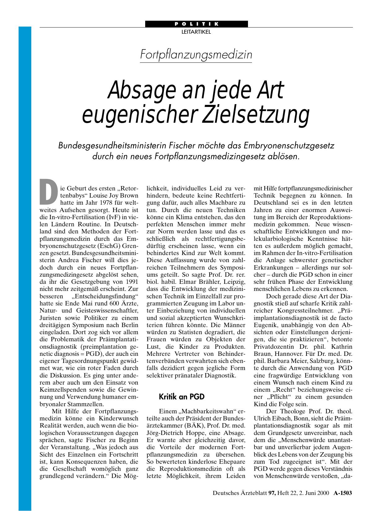Vorschauseite 1: Fortpflanzungsmedizin: Absage an jede Art eugenischer Zielsetzung