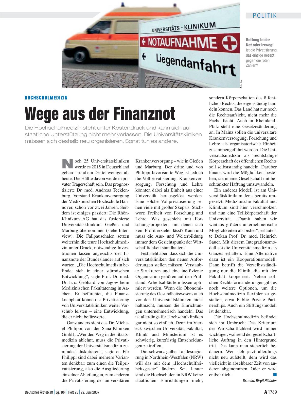 Vorschauseite 1: Hochschulmedizin: Wege aus der Finanznot