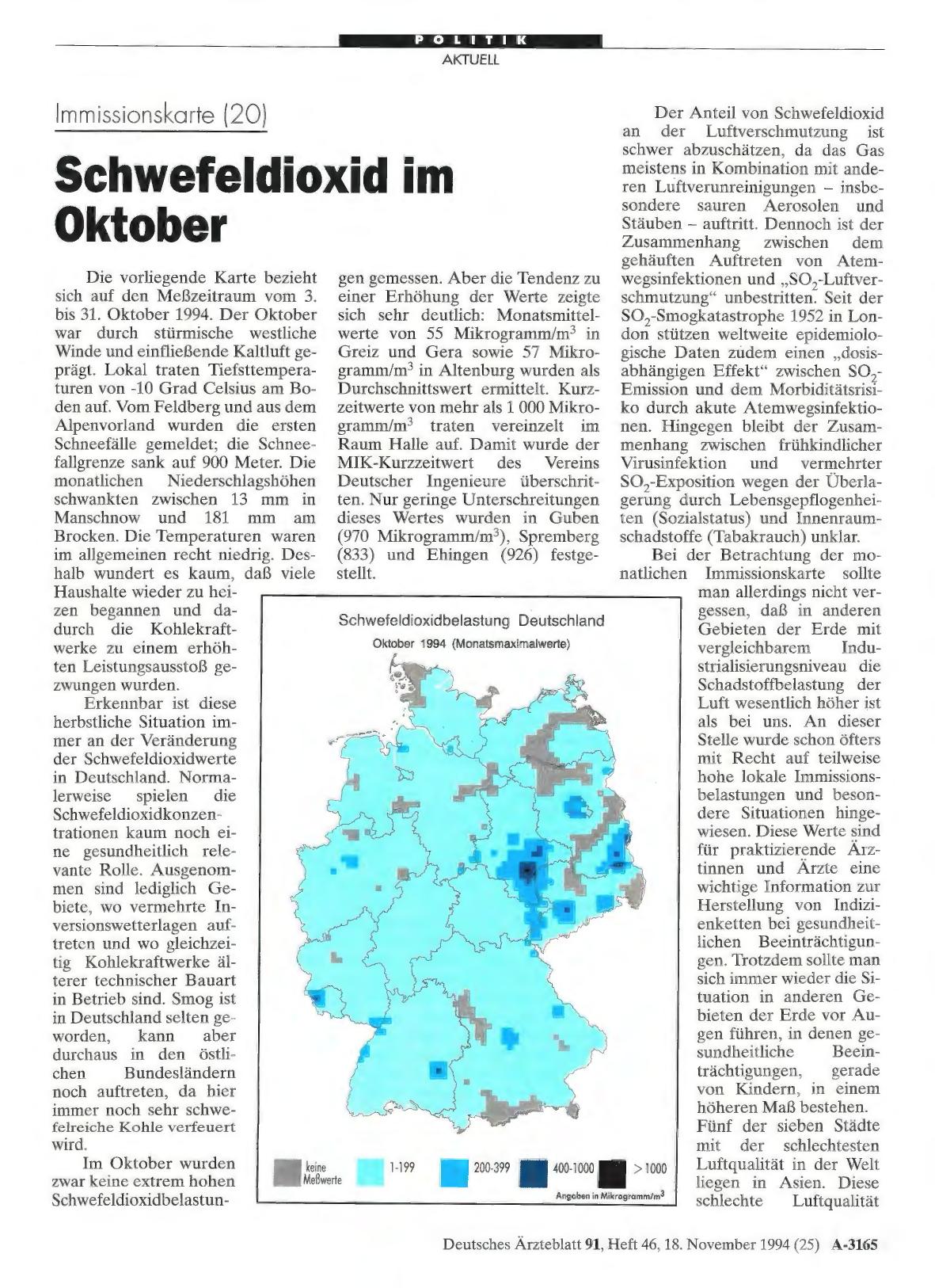 Vorschauseite 1: Immissionskarte (20): Schwefeldioxid im Oktober