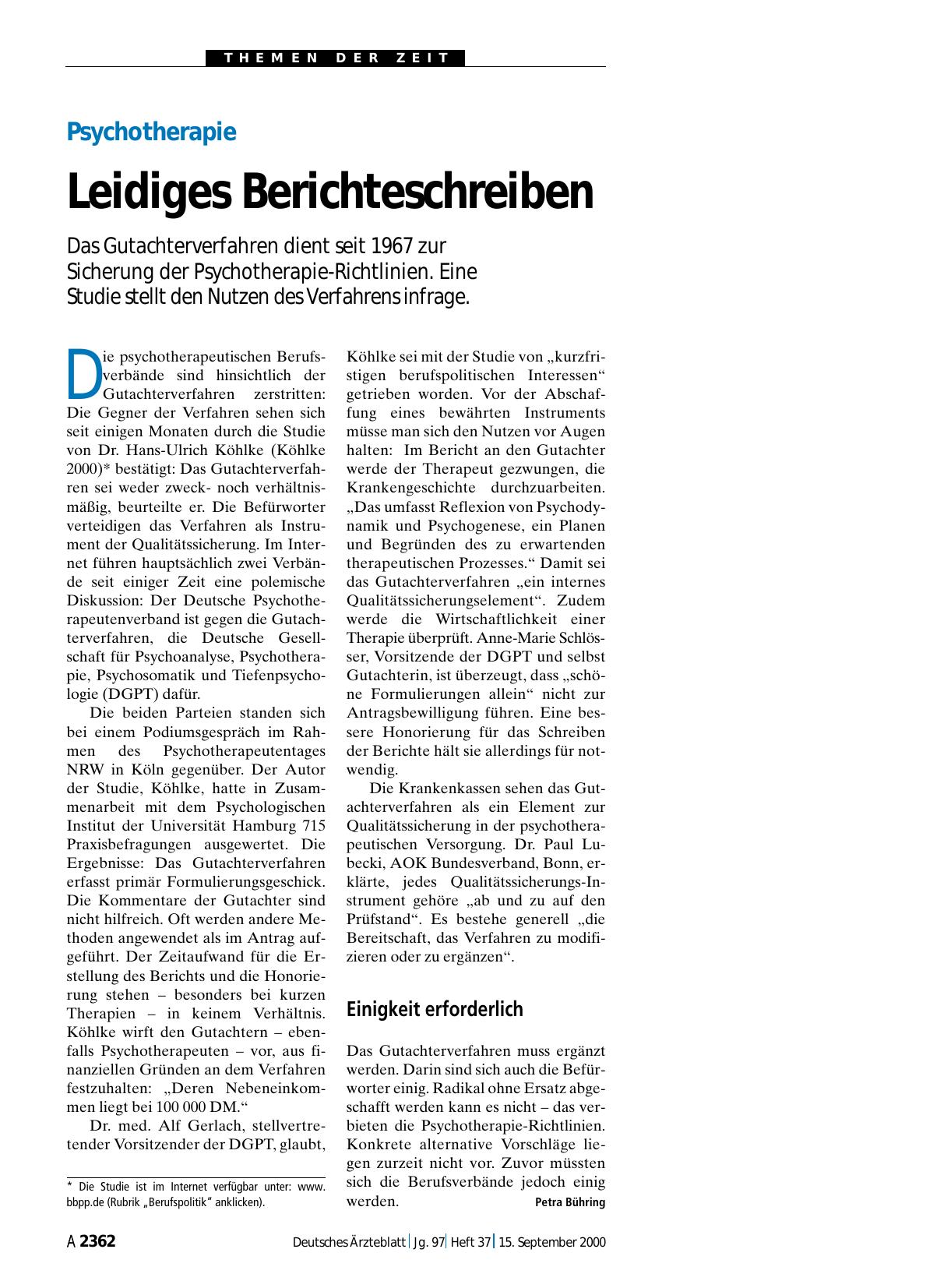 Vorschauseite 1: Psychotherapie: Leidiges Berichteschreiben
