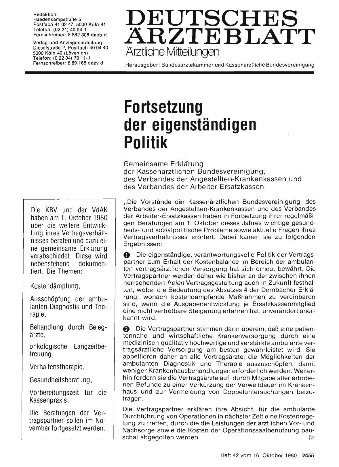 Vorschauseite 1: Fortsetzung der eigenständigen Politik: Gemeinsame Erklärung der Kassenärztlichen Bundesvereinigung, des Verbandes der Angestellten-Krankenkassen und des Verbandes der Arbeiter-Er…