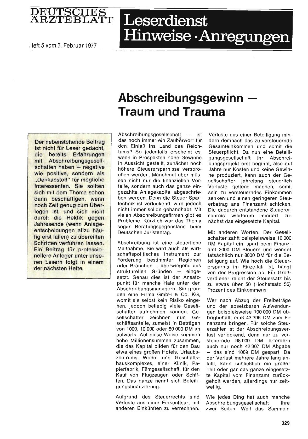 Vorschauseite 1: Abschreibungsgewinn — Traum und Trauma