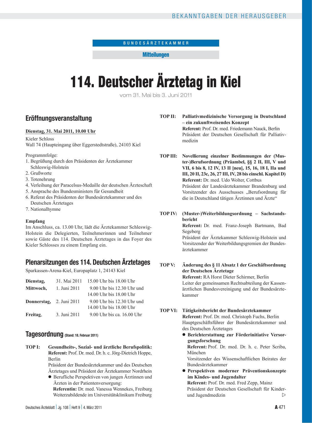 Vorschauseite 1: 114. Deutscher Ärztetag in Kiel