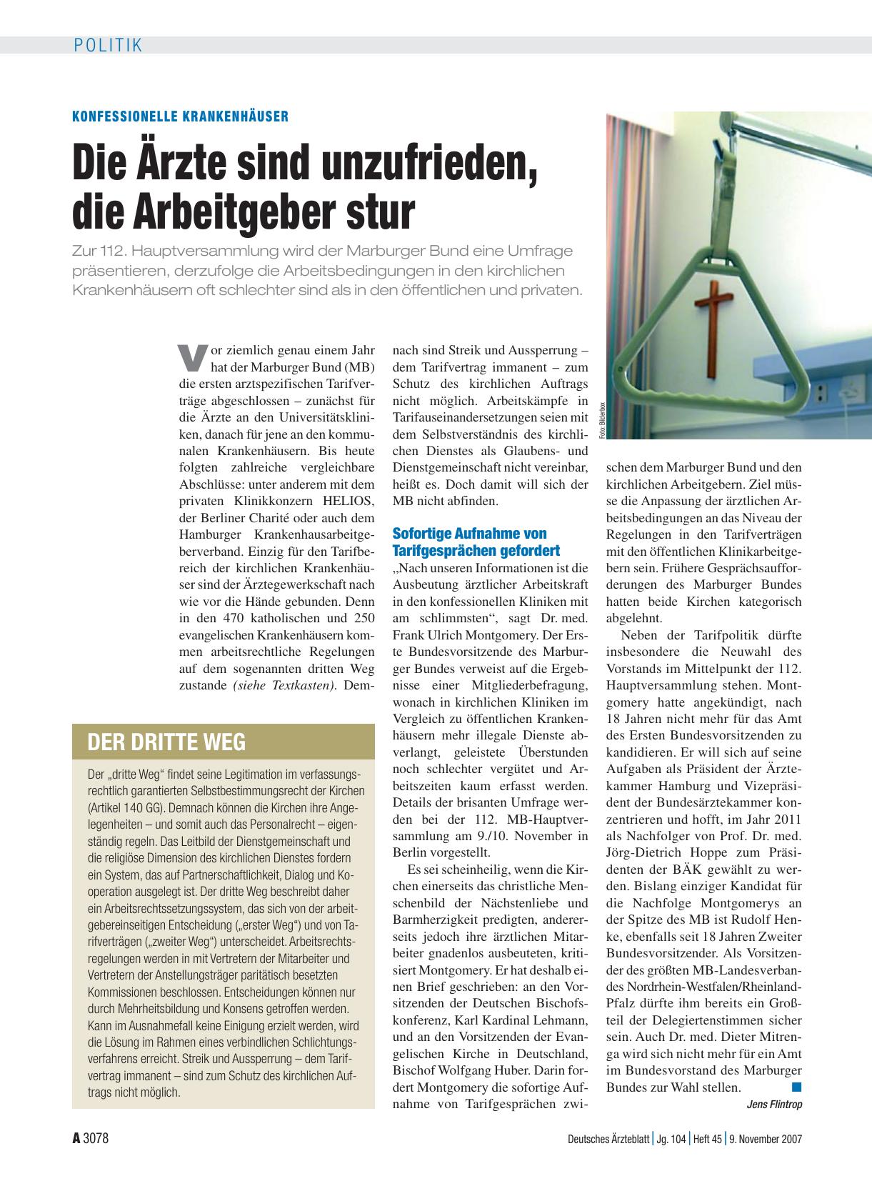 Vorschauseite 1: Konfessionelle Krankenhäuser: Die Ärzte sind unzufrieden, die Arbeitgeber stur