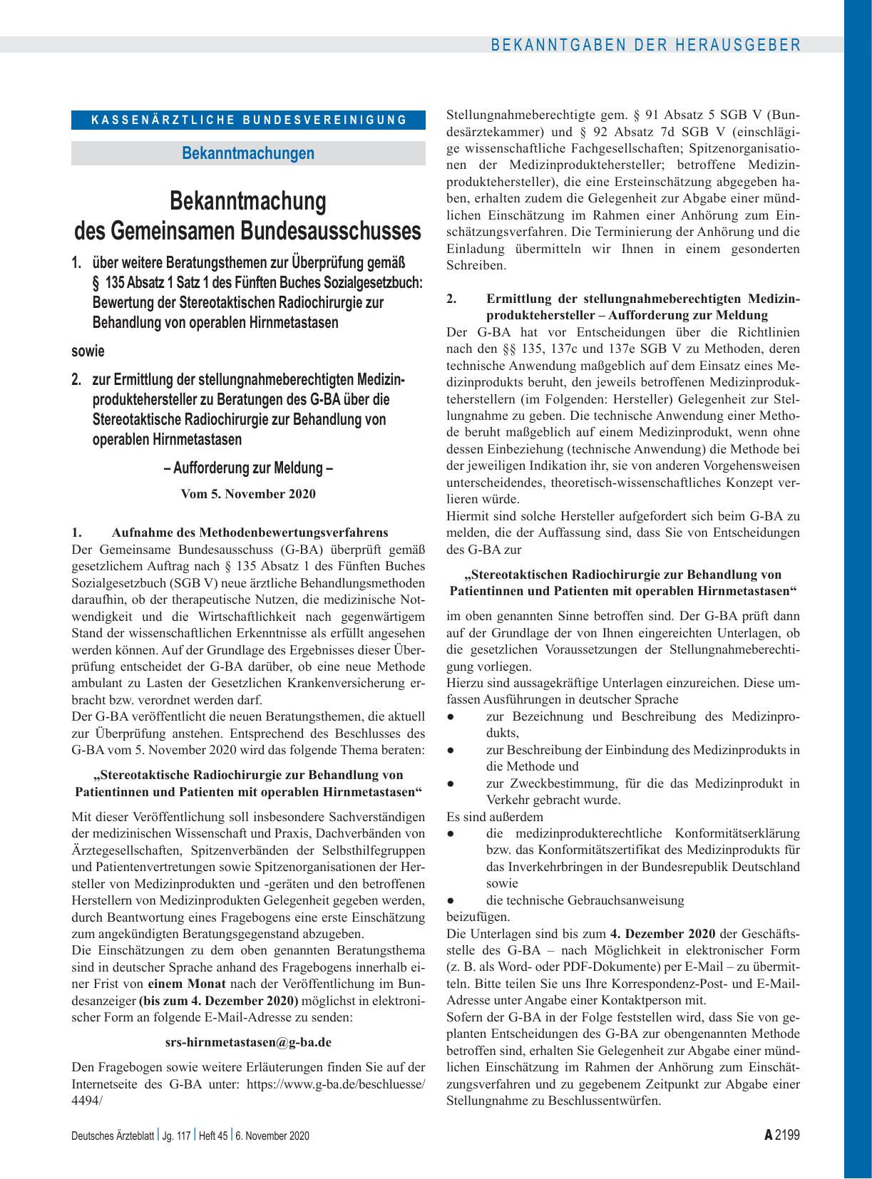 Vorschauseite 1: Bekanntmachung des Gemeinsamen Bundesausschusses über weitere Beratungsthemen zur Überprüfung gemäß § 135 Absatz 1 Satz 1 des Fünften Buches Sozialgesetzbuch: Bewertung der Stereo…