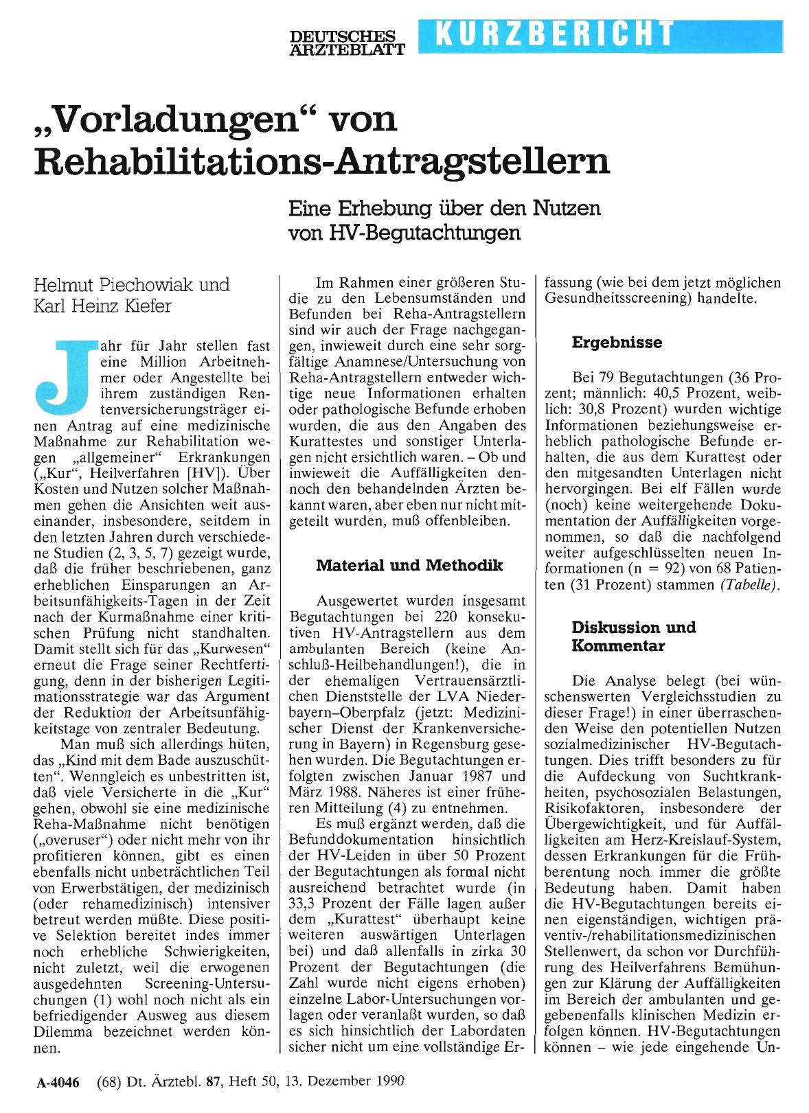 Vorschauseite 1: „Vorladungen” von Rehabilitations-Antragstellern: Eine Erhebung über den Nutzen von HV-Begutachtungen