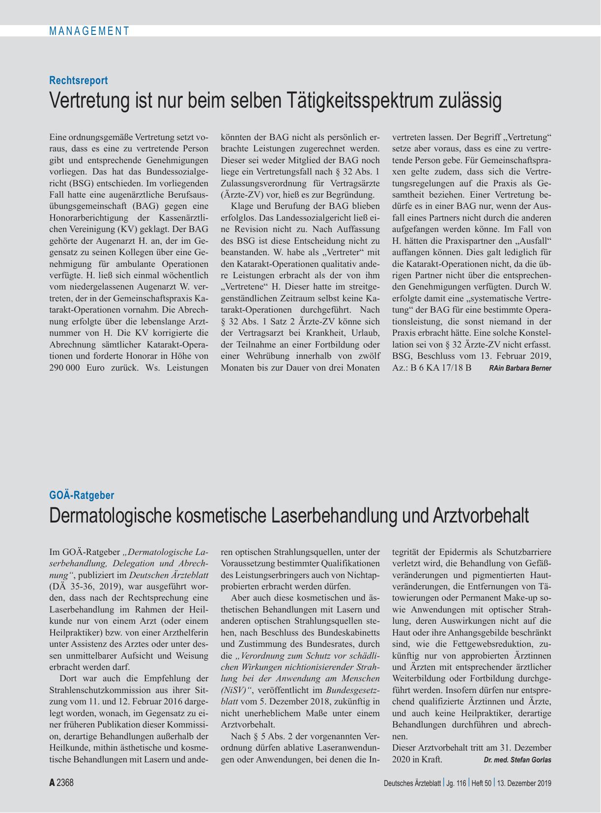 Vorschauseite 1: Rechtsreport: Vertretung ist nur beim selben Tätigkeitsspektrum zulässig