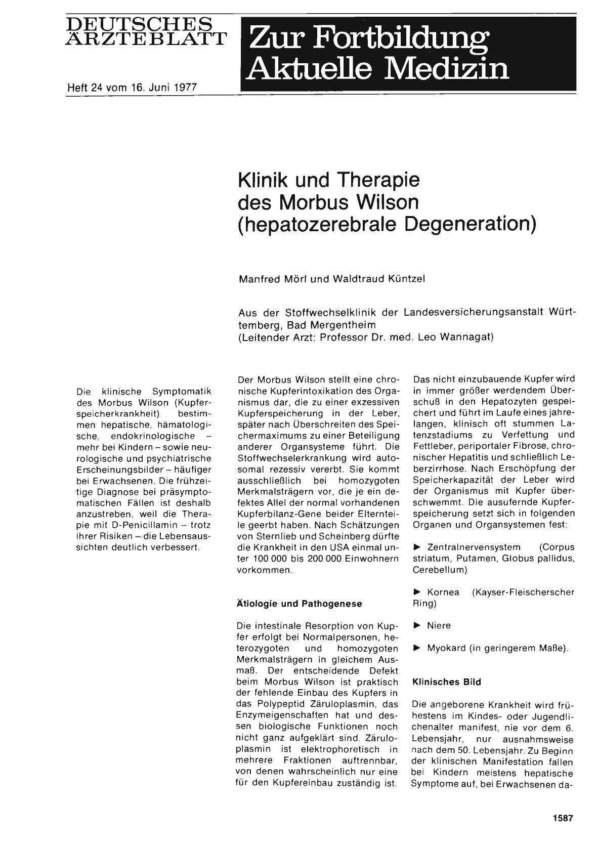 Vorschauseite 1: Klinik und Therapie des Morbus Wilson (hepatozerebrale Degeneration)