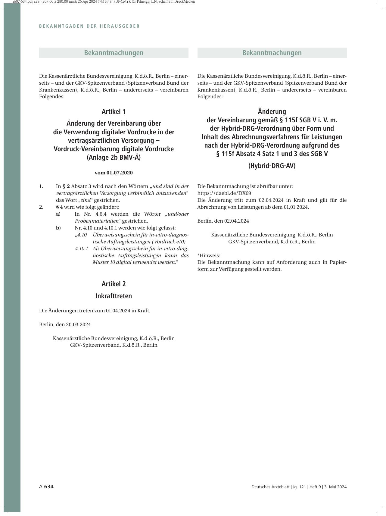 Vorschauseite 1: Änderung der Vereinbarung über die Verwendung digitaler Vordrucke in der vertragsärztlichen Versorgung – Vordruck-Vereinbarung digitale Vordrucke (Anlage 2b BMV-Ä)