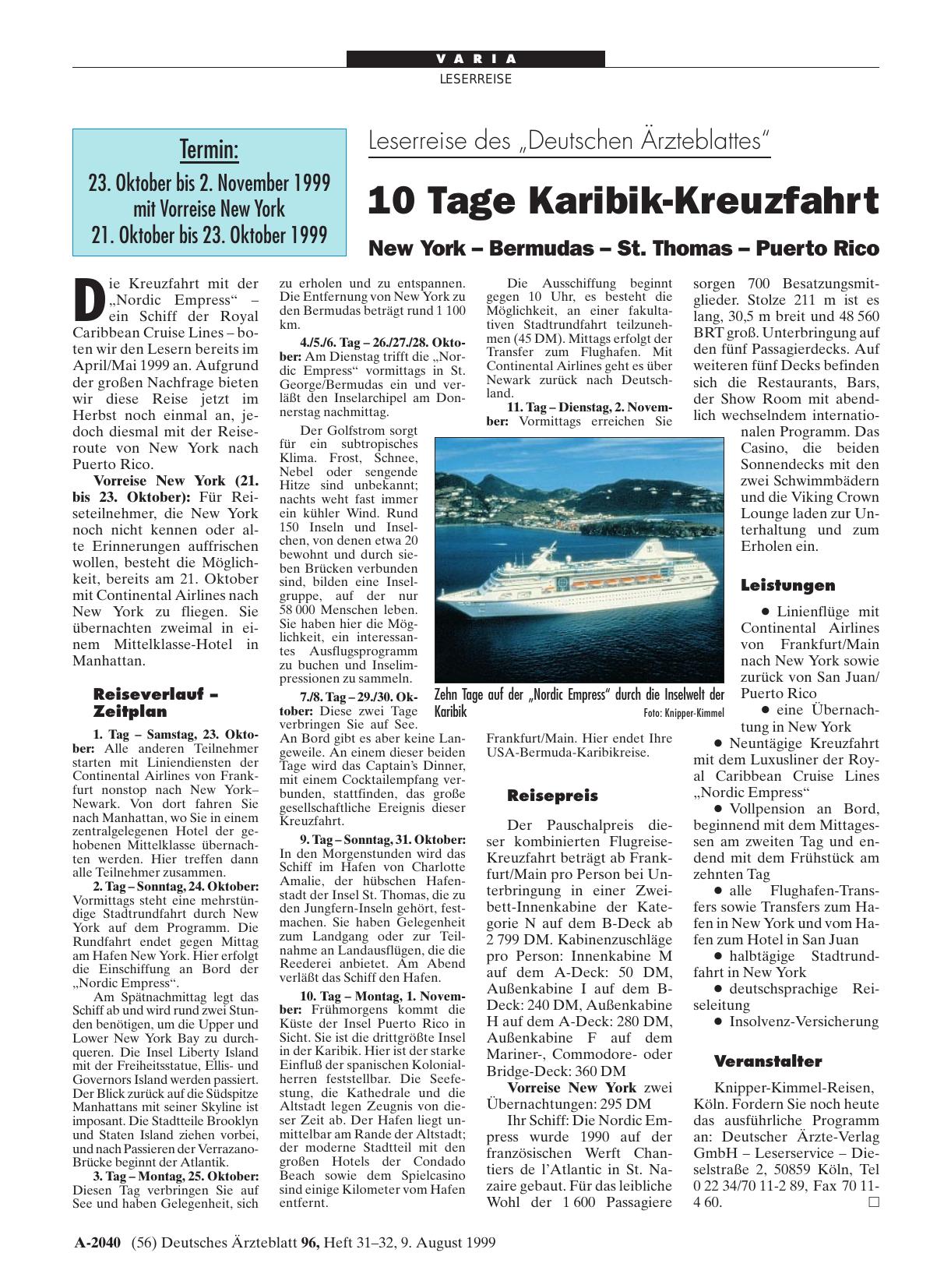 Vorschauseite 1: Leserreise des „Deutschen Ärzteblattes“: 10 Tage Karibik-Kreuzfahrt