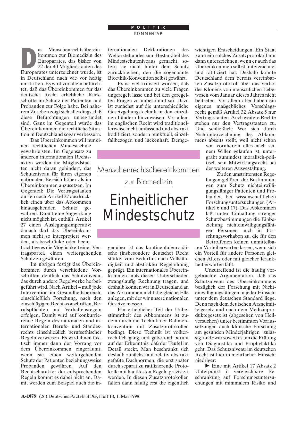 Vorschauseite 1: Menschenrechtsübereinkommen zur Biomedizin: Einheitlicher Mindestschutz