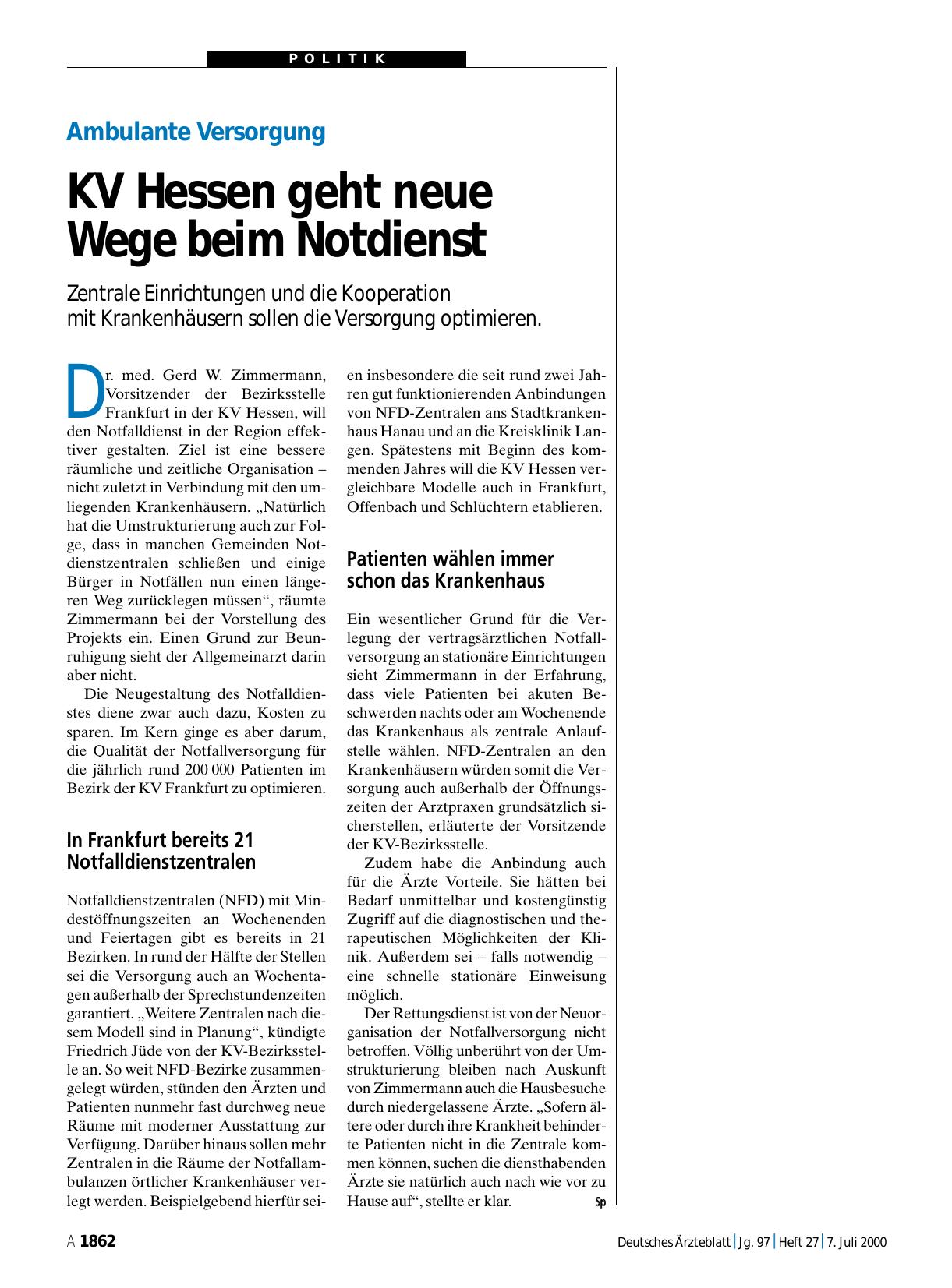Vorschauseite 1: Ambulante Versorgung: KV Hessen geht neue Wege beim Notdienst