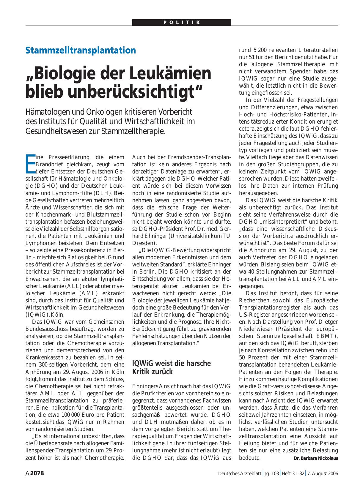Vorschauseite 1: Stammzelltransplantation: „Biologie der Leukämien blieb unberücksichtigt“