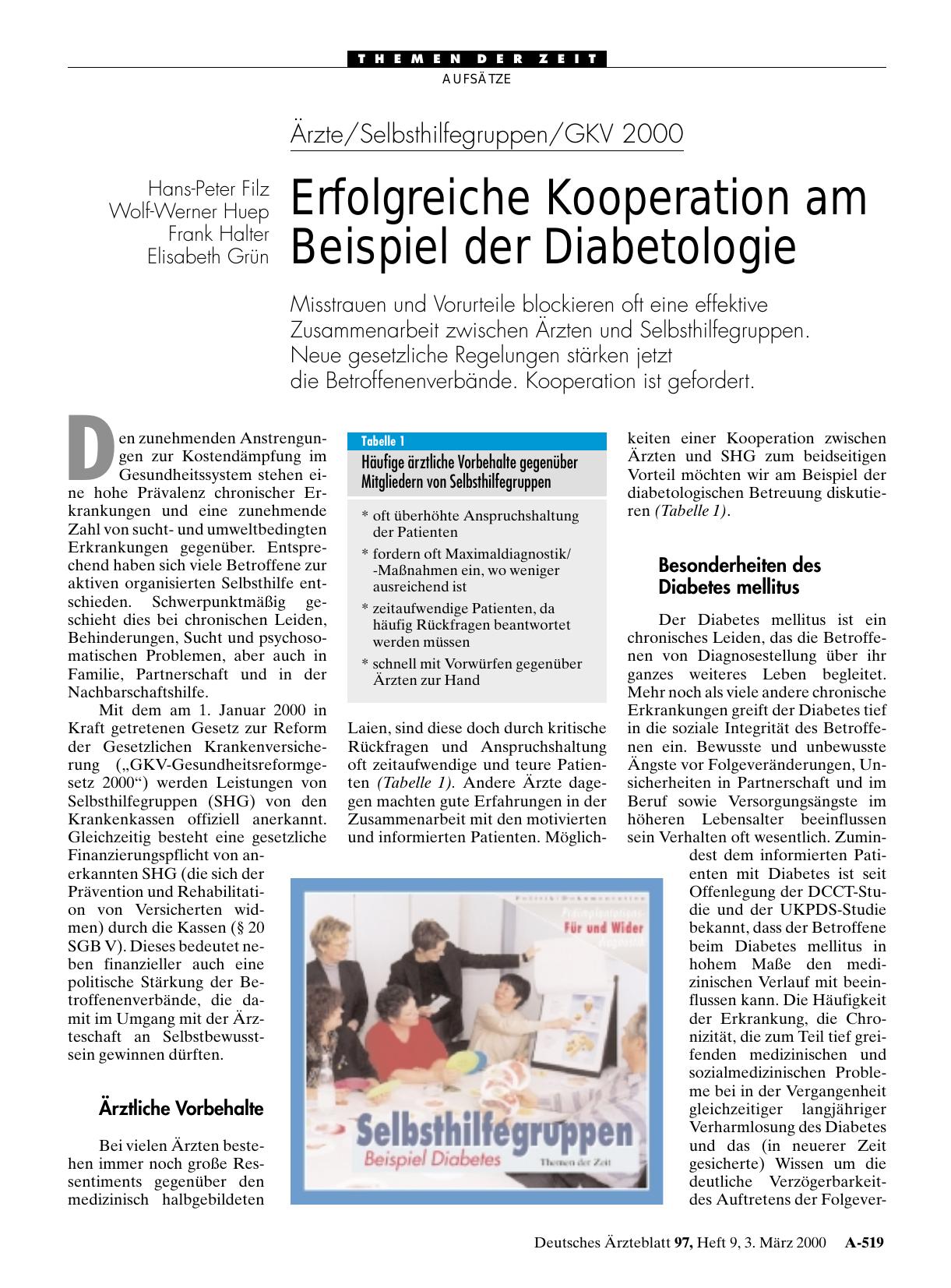 Vorschauseite 1: Ärzte/Selbsthilfegruppen/GKV 2000: Erfolgreiche Kooperation am Beispiel der Diabetologie