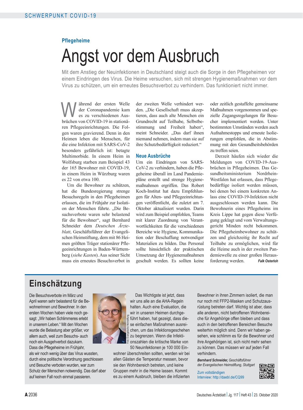Vorschauseite 1: Pflegeheime: Angst vor dem Ausbruch