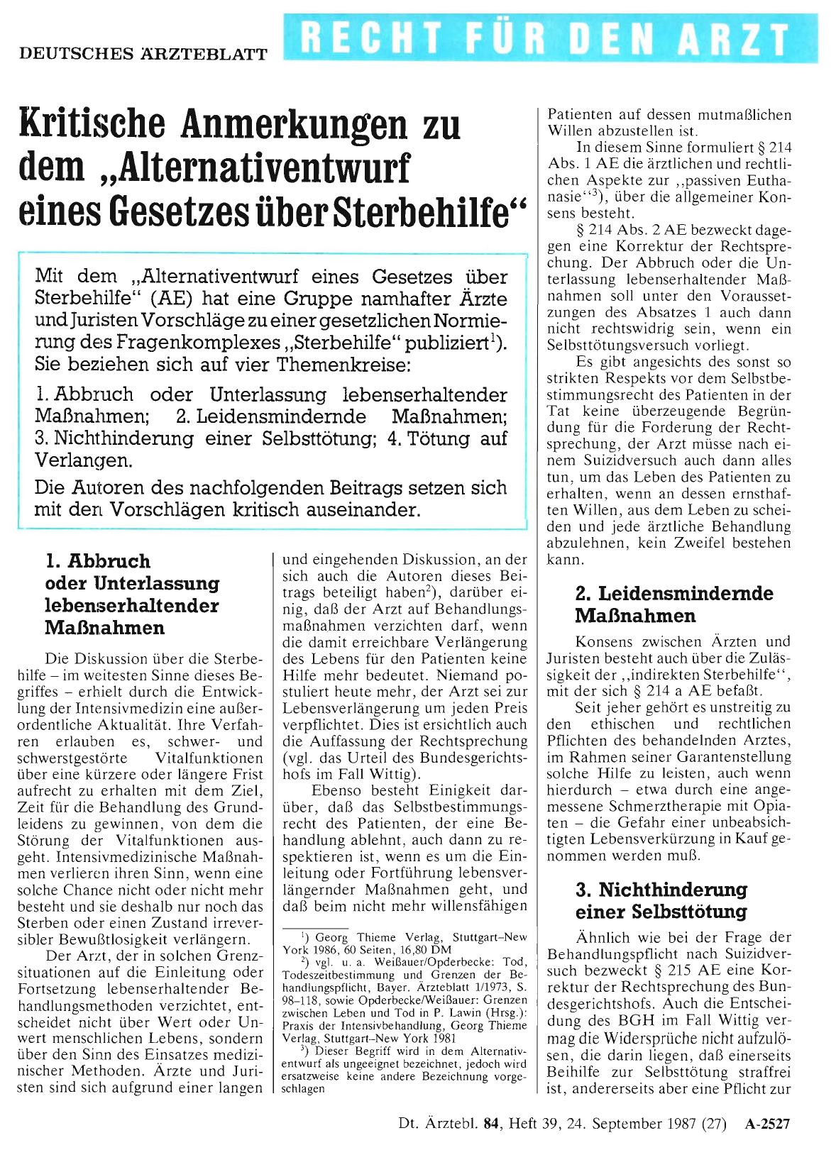 Vorschauseite 1: Kritische Anmerkungen zu dem „Alternativentwurf eines Gesetzes über Sterbehilfe“